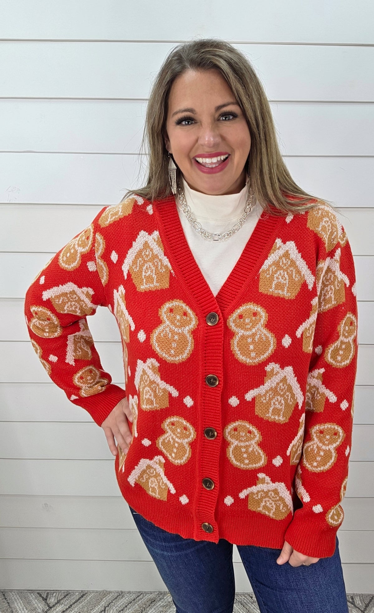 RED GINGERBREAD BUTTON CARDIGAN SWEATER