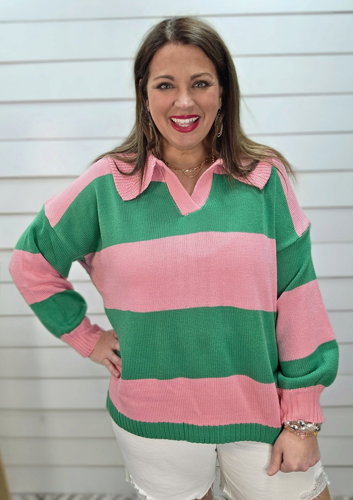 PINK/GREEN WIDE STRIPE V NECK SPRING SWEATER
