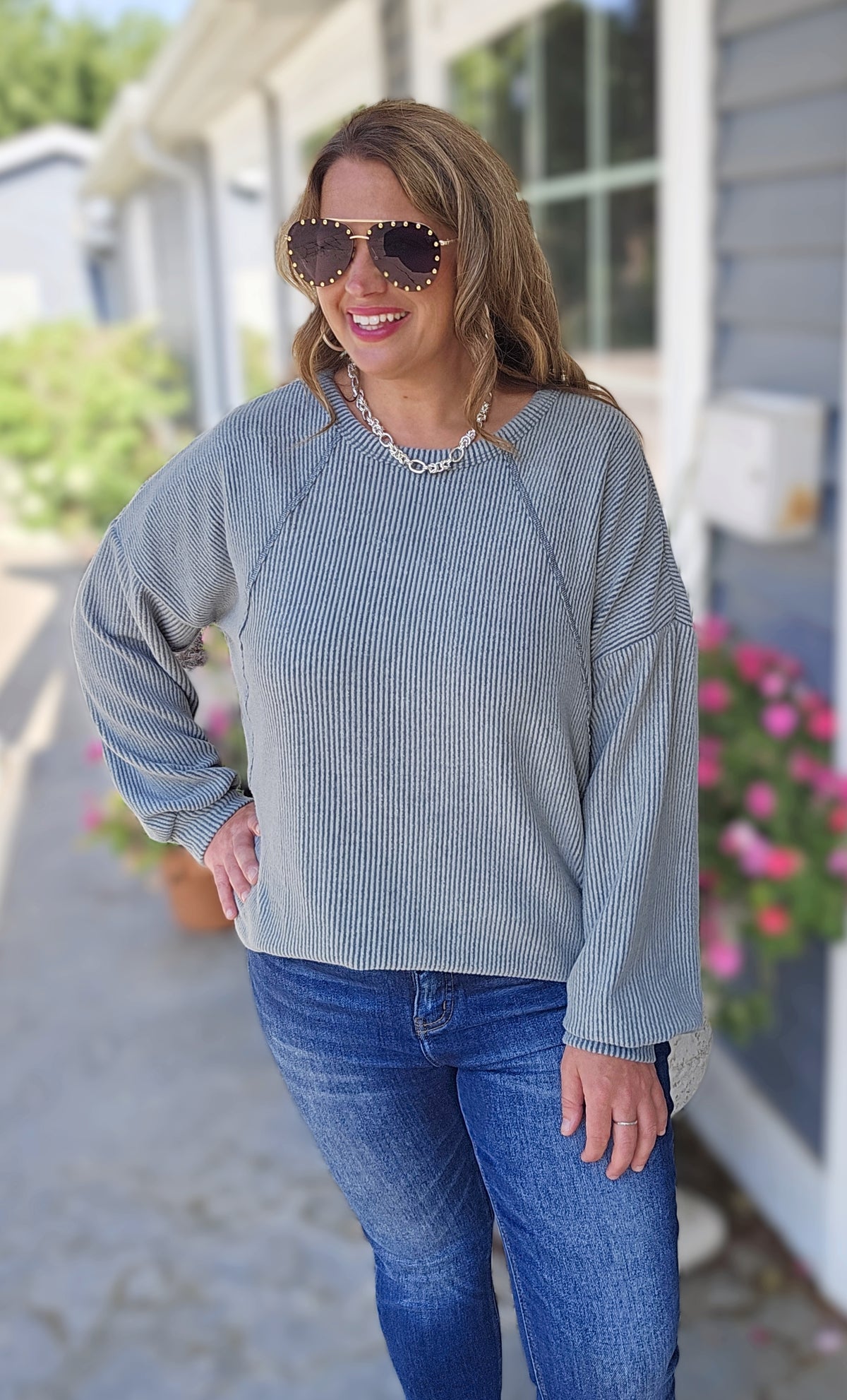 OLIVE BRUSHED RIBBED KNIT LONG SLEEVE TOP