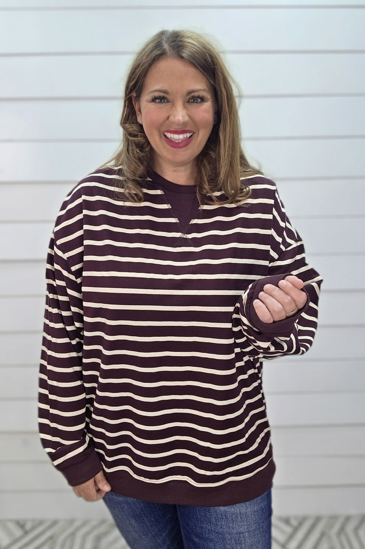 RASPBERRY STRIPED KNIT LOOSE FIT TOP