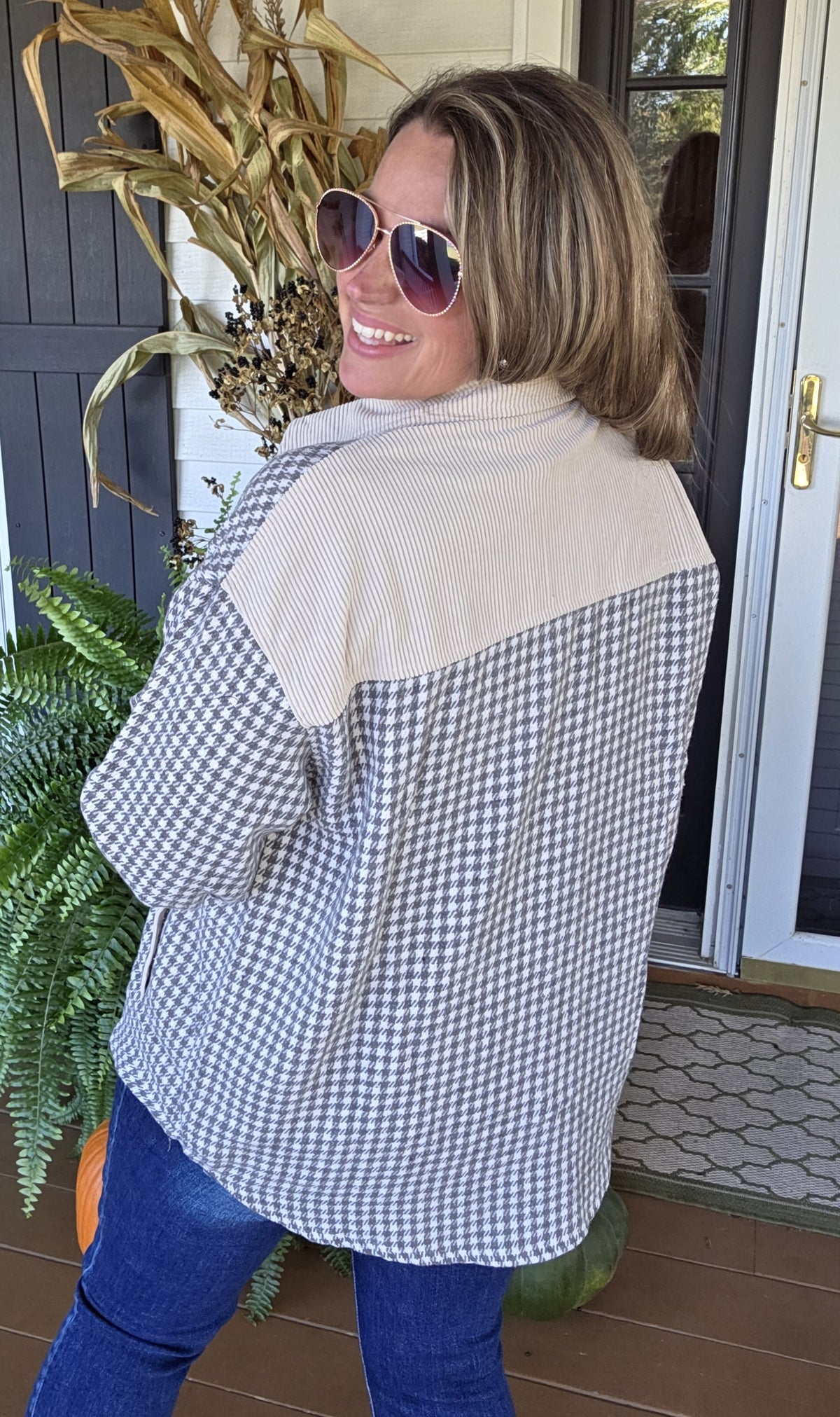 GREY MINI CHECK/CORD CONTRAST SHACKET WITH SIDE POCKETS