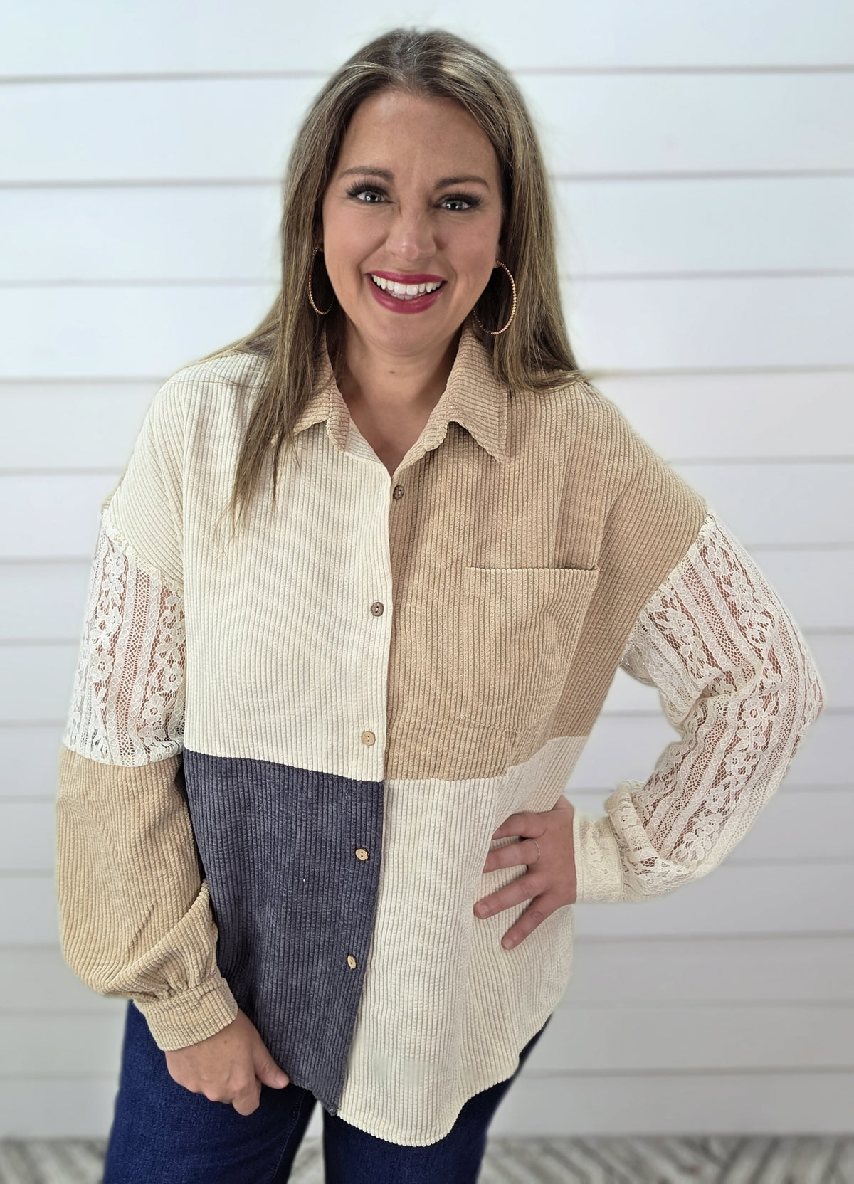TAUPE/BEIGE/CHARCOAL CORDED/LACE BUTTON UP TOP