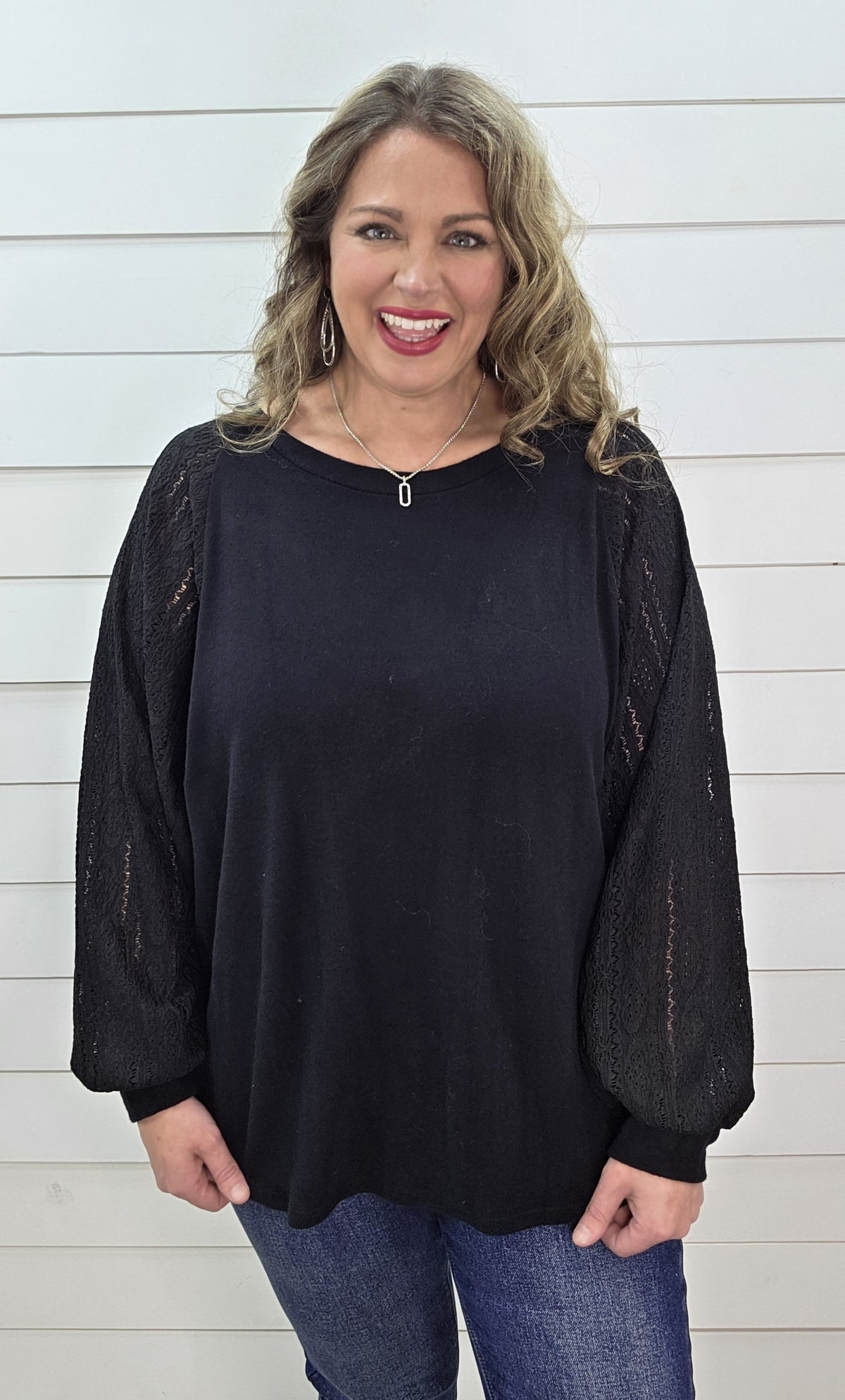 BLACK BRUSHED KNIT LOOSE FIT DOLMAN TOP W/ LACE SLEEVES