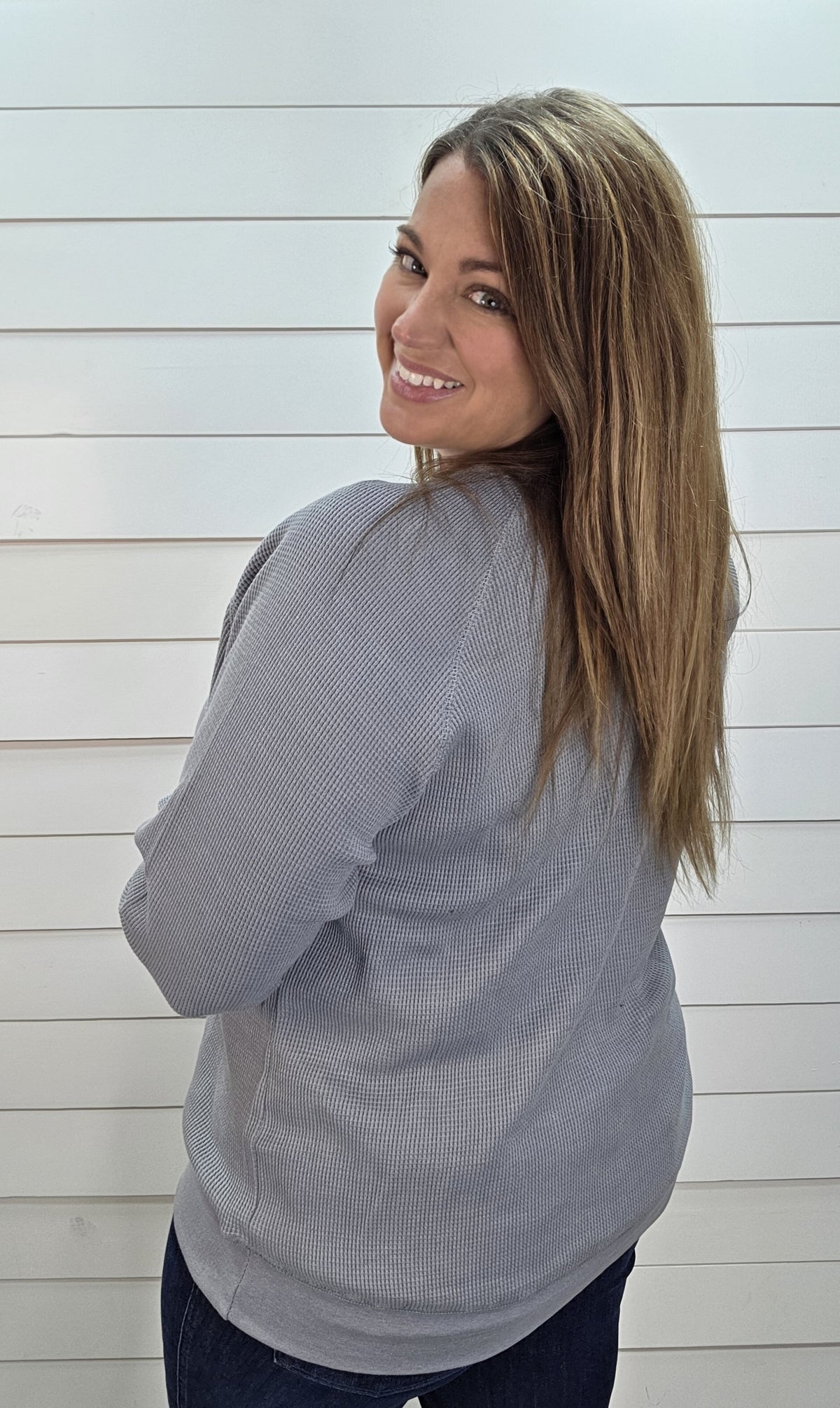 STEEL GREY WAFFLE TEXTURED BUTTON HENLEY KNIT TOP