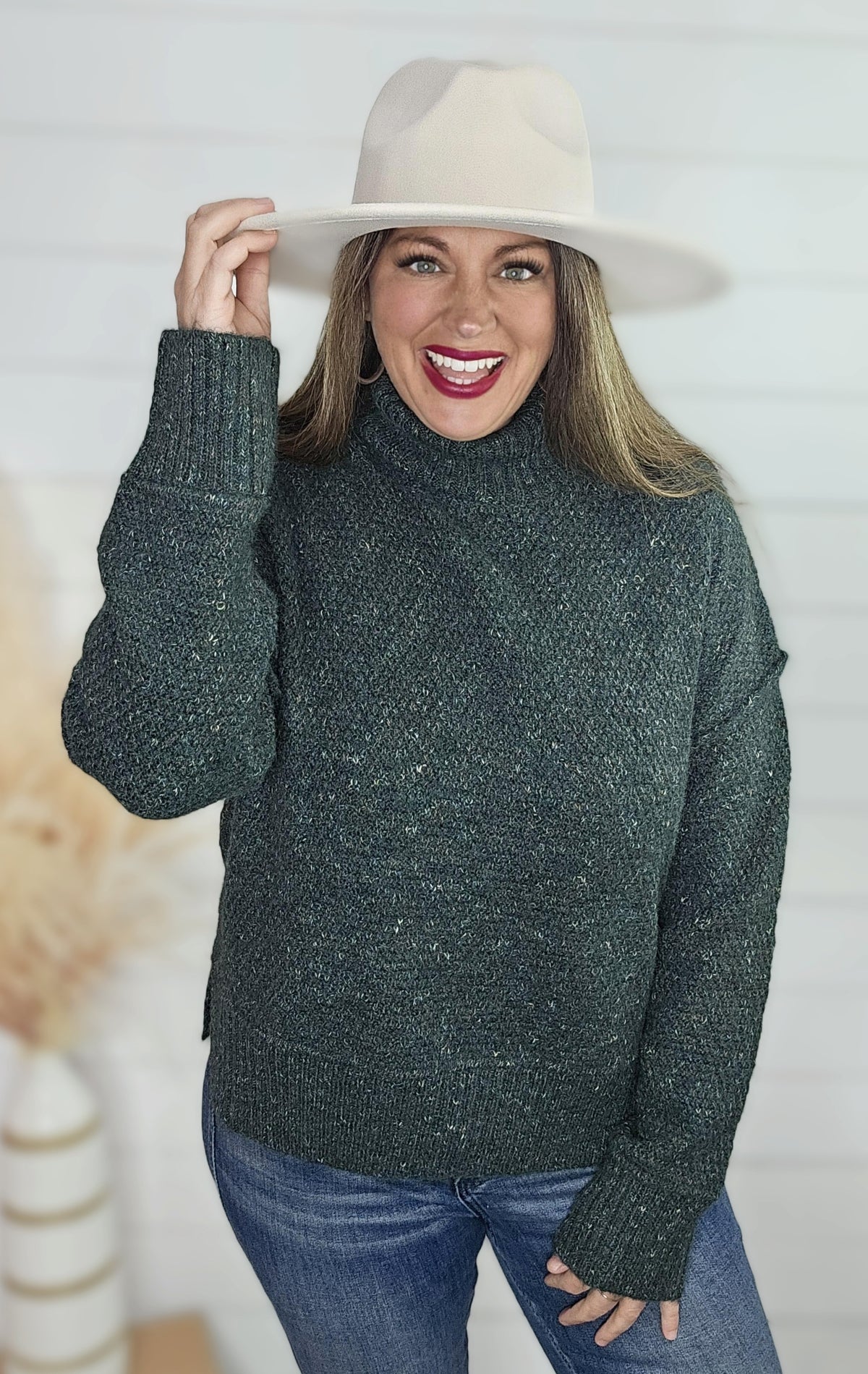 HUNTER GREEN MOCK NECK SPECK SWEATER