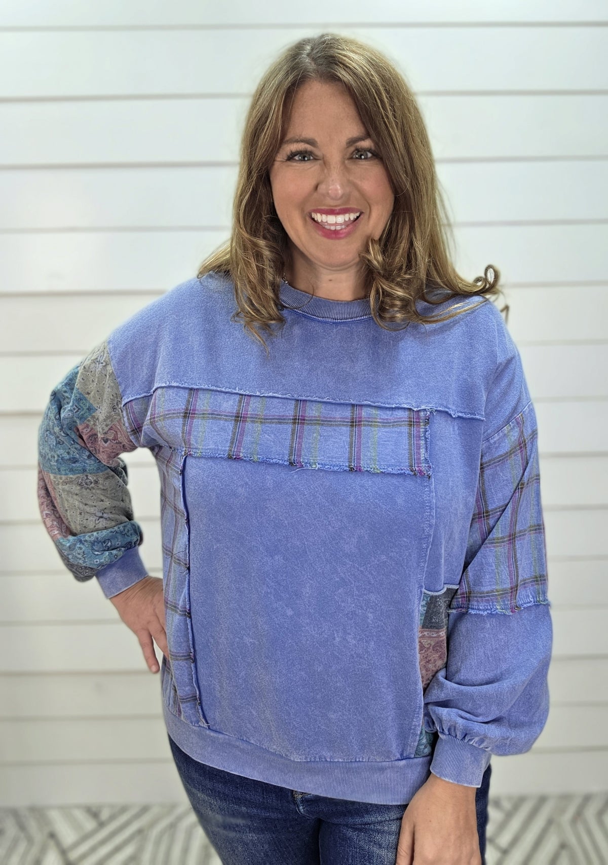 DENIM BLUE Mineral washed Plaid And Bandana Print Sweatshirt Top