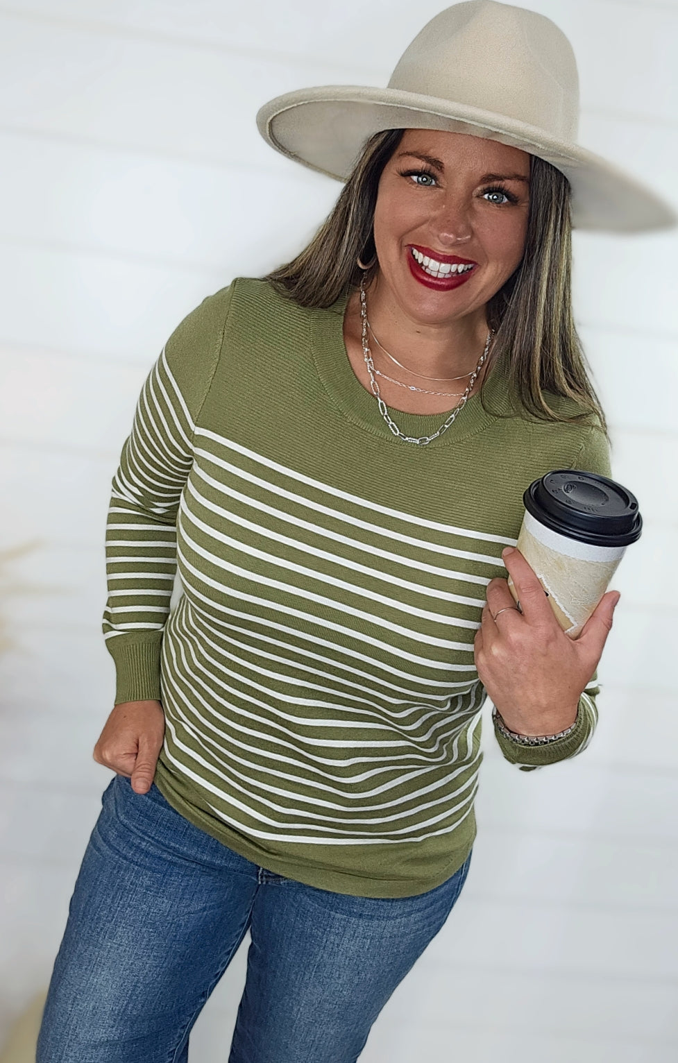 SAGE STRIPED ULTRA SOFT CREW NECK LIGHT WEIGHT SWEATER