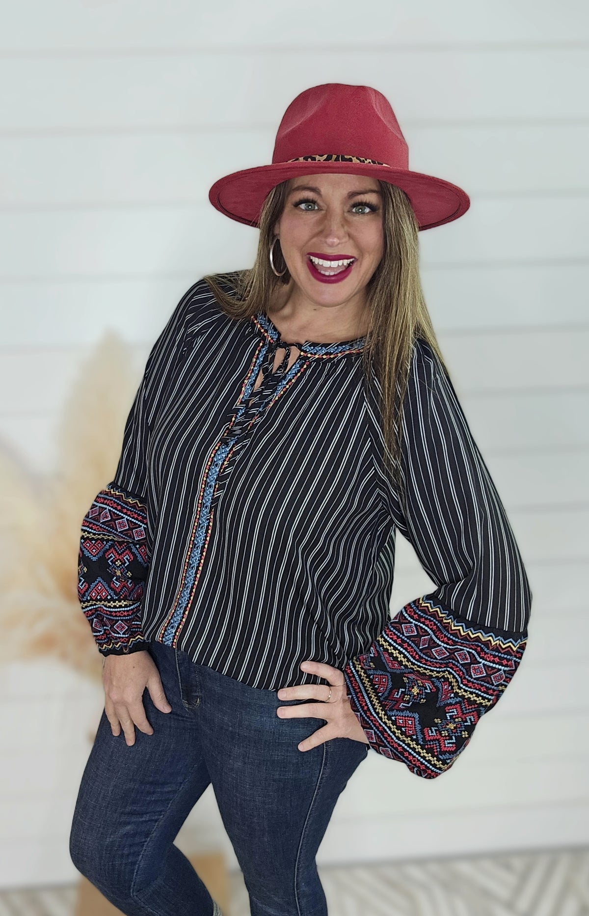 BLACK STRIPED EMBROIDERED TOP