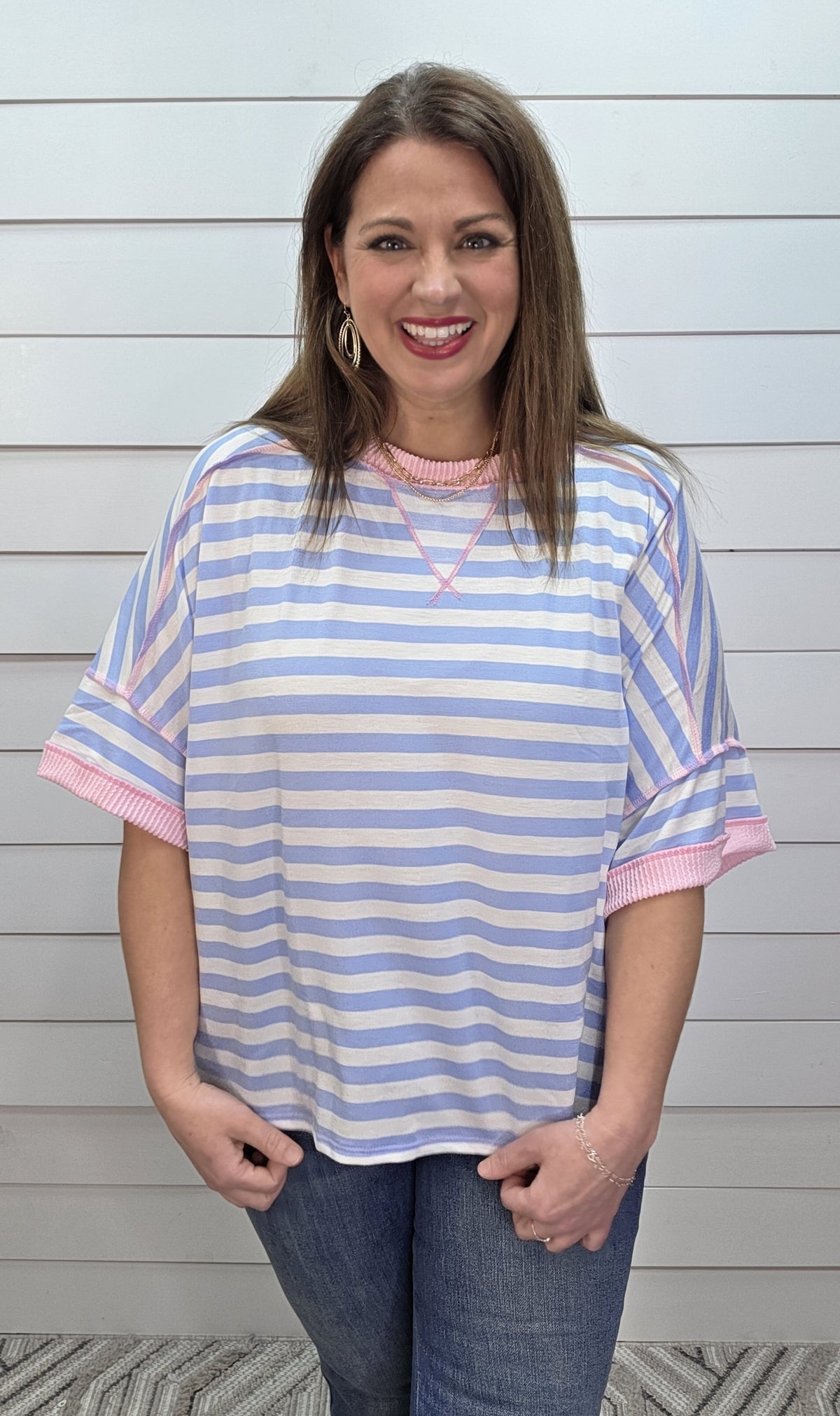 BLUE/CREAM STRIPED OVERSIZED KNIT TOP W/ PINK RAISED RIBBED TRIM
