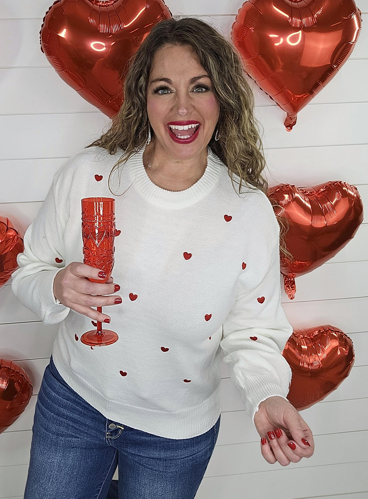 WHITE/RED EMBROIDERED HEART SWEATER