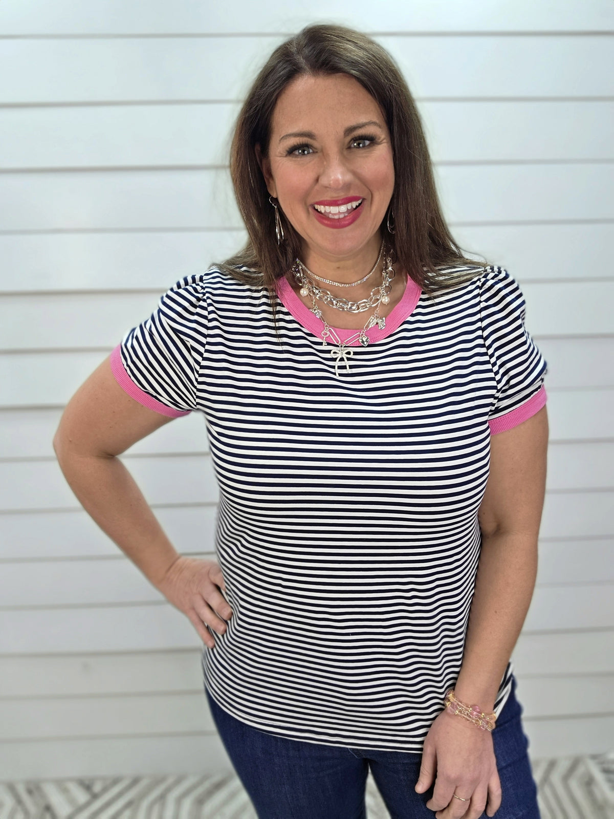 NAVY STRIPED KNIT TOP W/ PINK TRIM AND SMALL PUFF SLEEVE