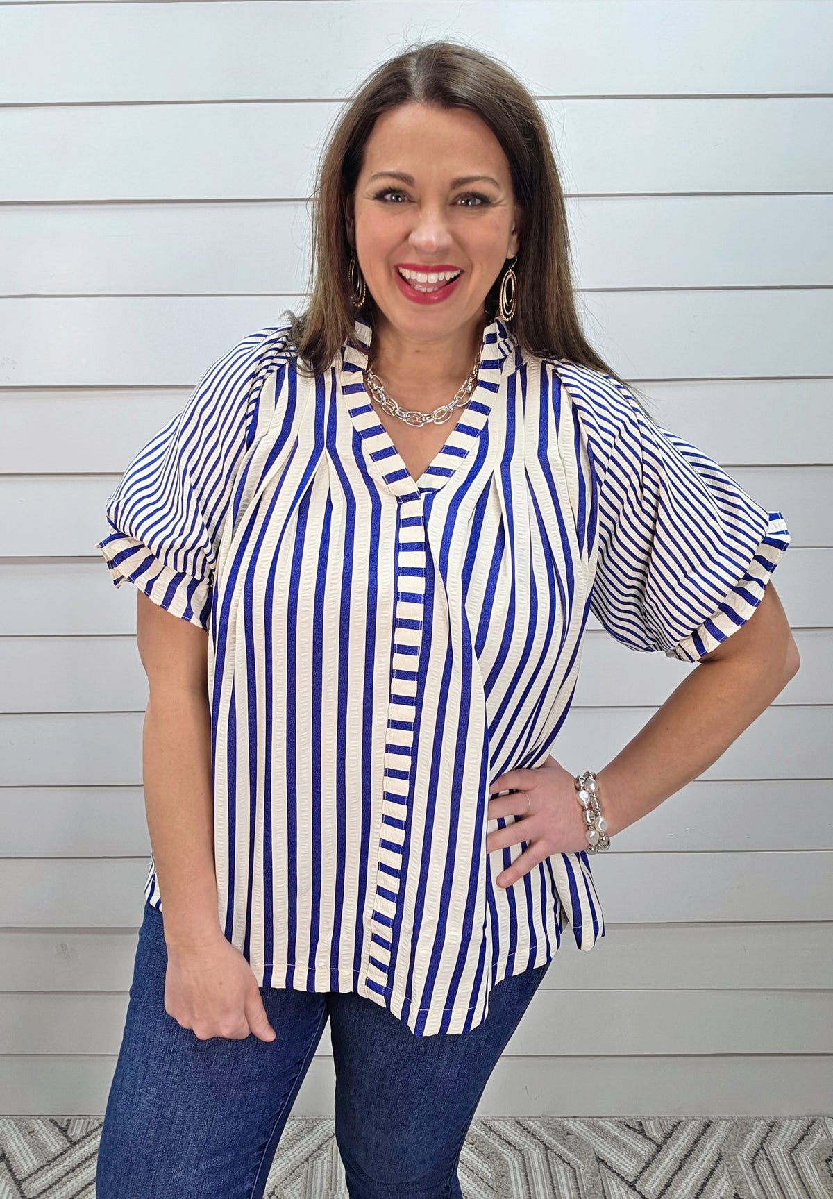 BLUE/CREAM STRIPED V NECK OVERSIZED WOVEN TOP