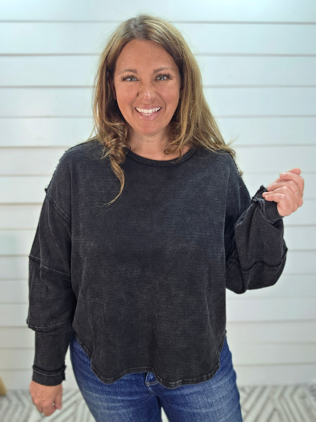 BLACK MINERAL WASH LONG SLEEVE KNIT FLOWY TOP