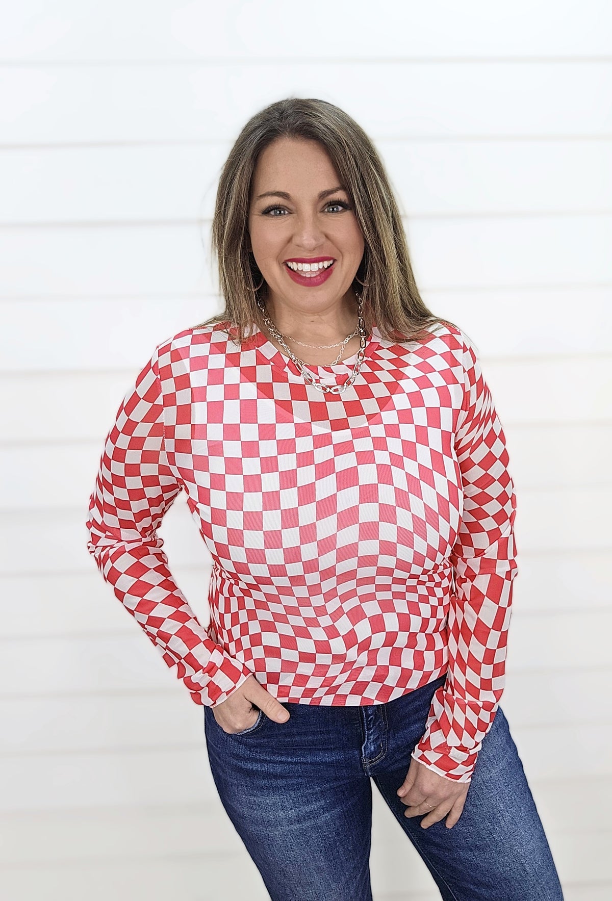 PINK CHECKERED MESH TOP