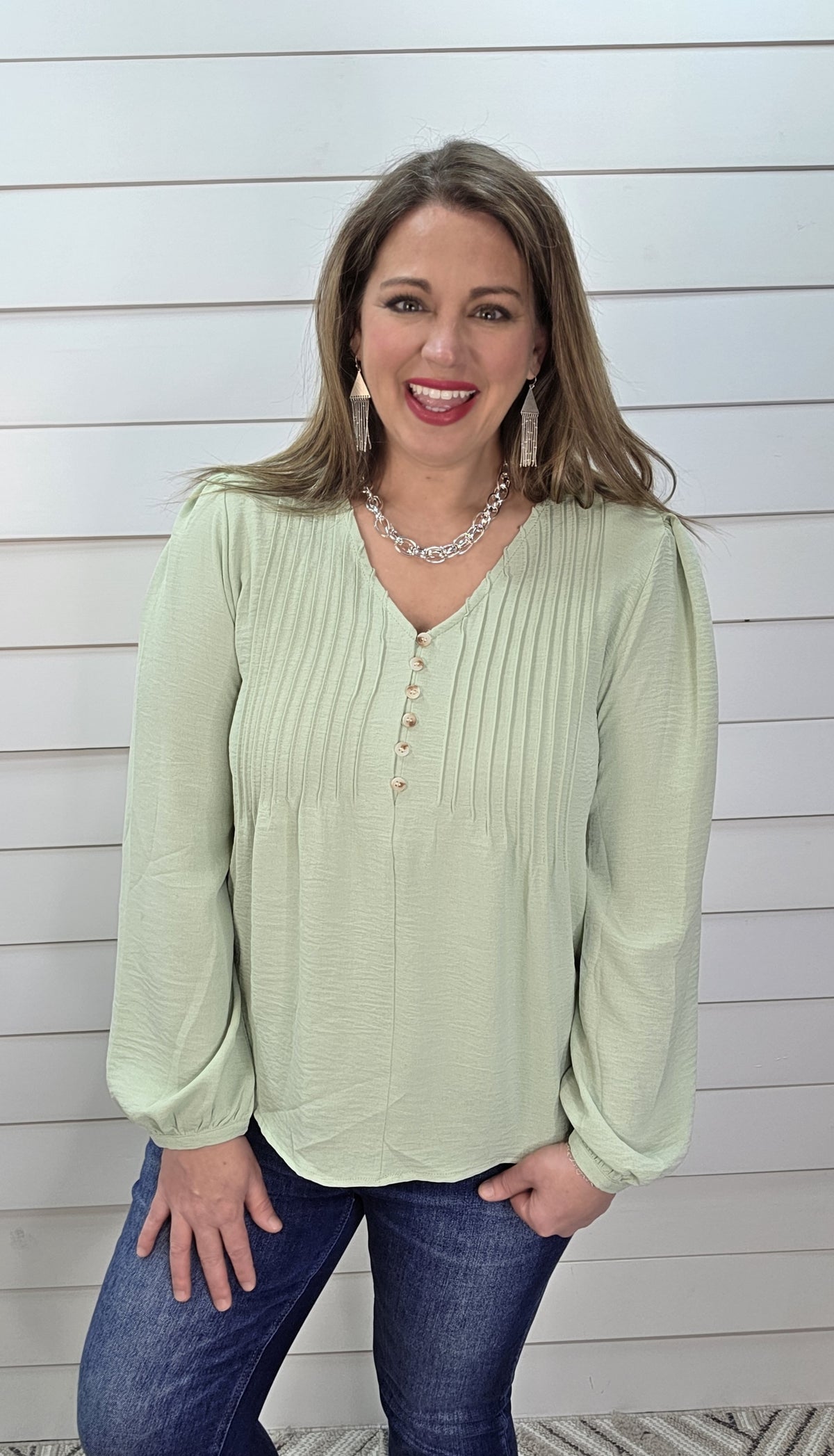SAGE PINTUCK V NECK WOVEN TOP