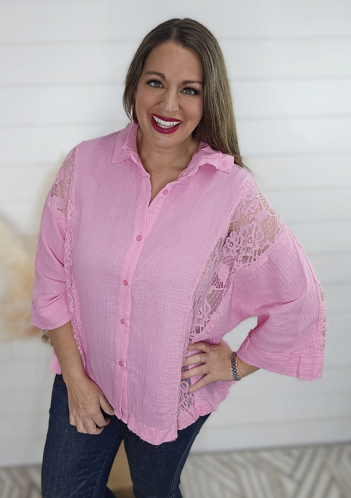 PINK OVERSIZED LACE BUTTON UP TOP