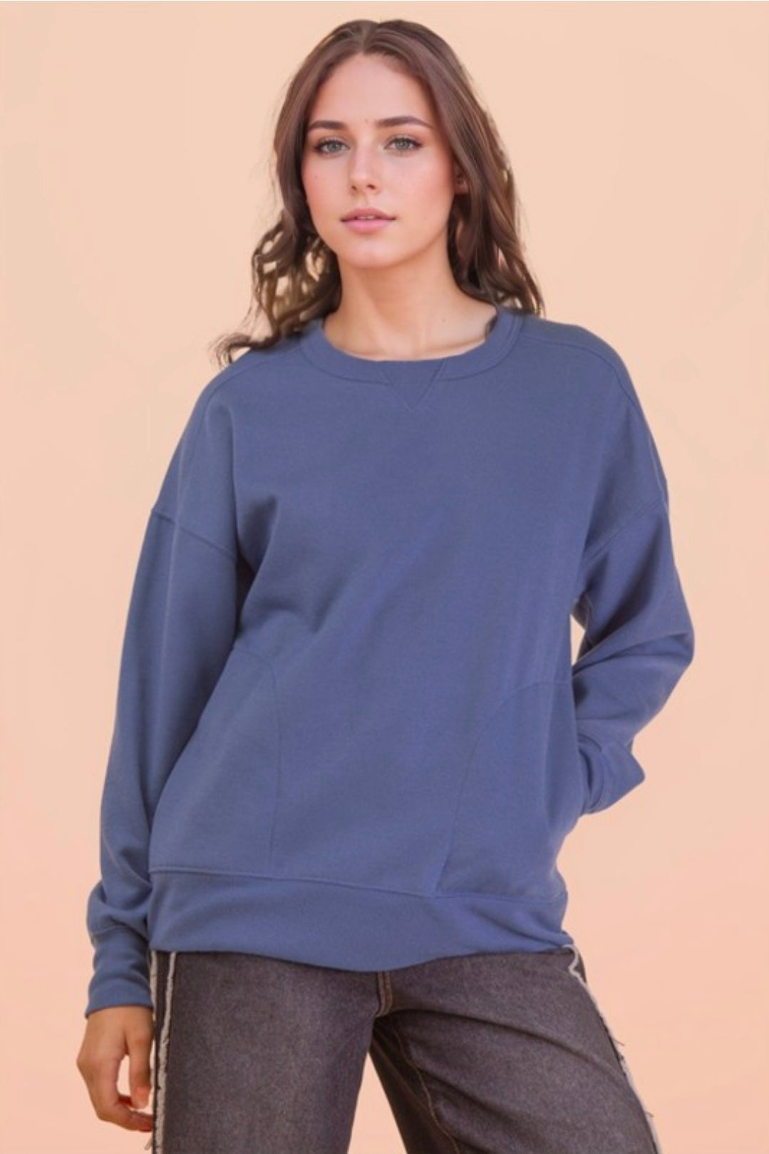 DENIM BLUE CREW NECK PULLOVER W/ SIDE POCKETS