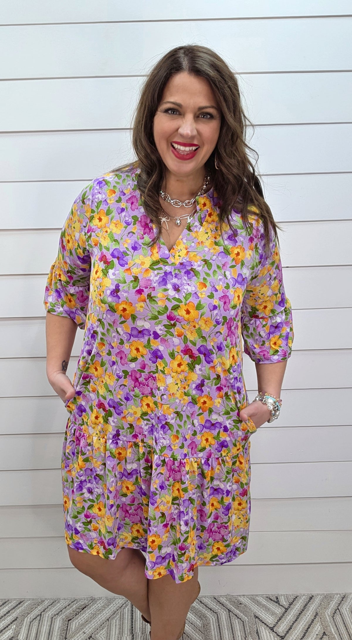 DEAR SCARLETT SUNDAY 3/4 SLEEVE RUFFLE DETAIL DRESS - LILAC/YELLOW FLORAL