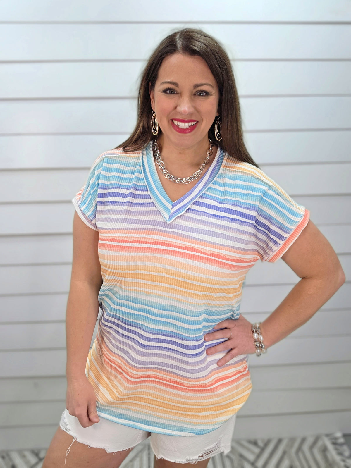 MULTI COLOR STRIPED RAISED RIBBED KNIT TOP