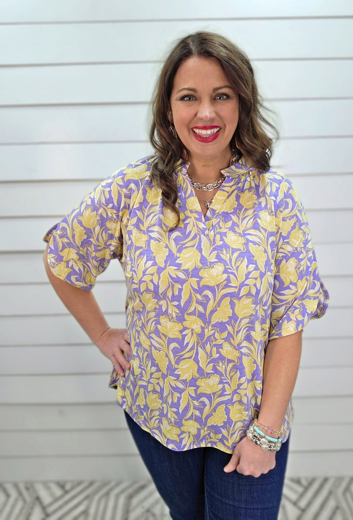 DEAR SCARLETT BREEZE SPLIT SLEEVE TOP - LILAC YELLOW FLORAL PRINT