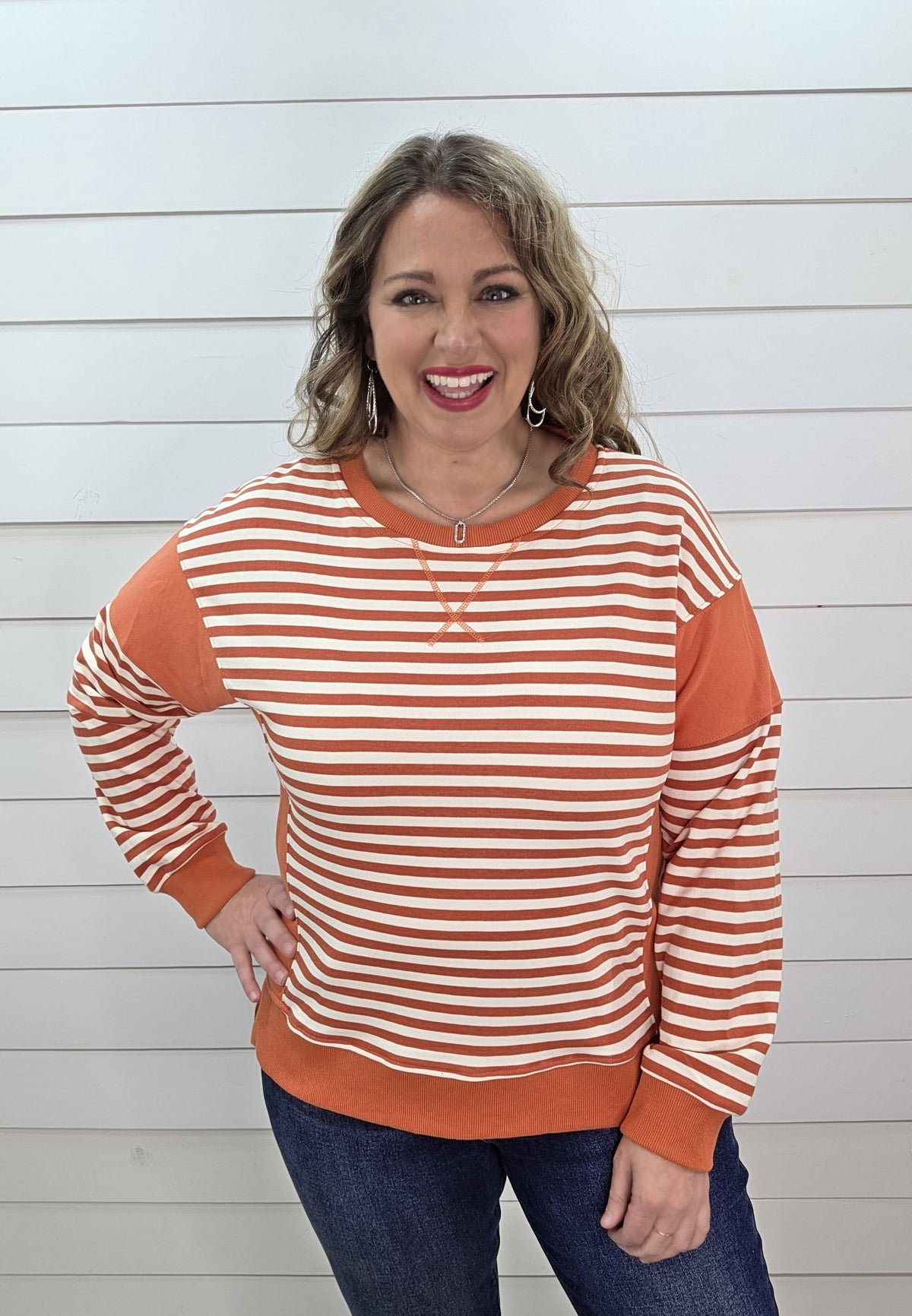 TANGERINE/CREAM STRIPED FRENCH TERRY PULLOVER