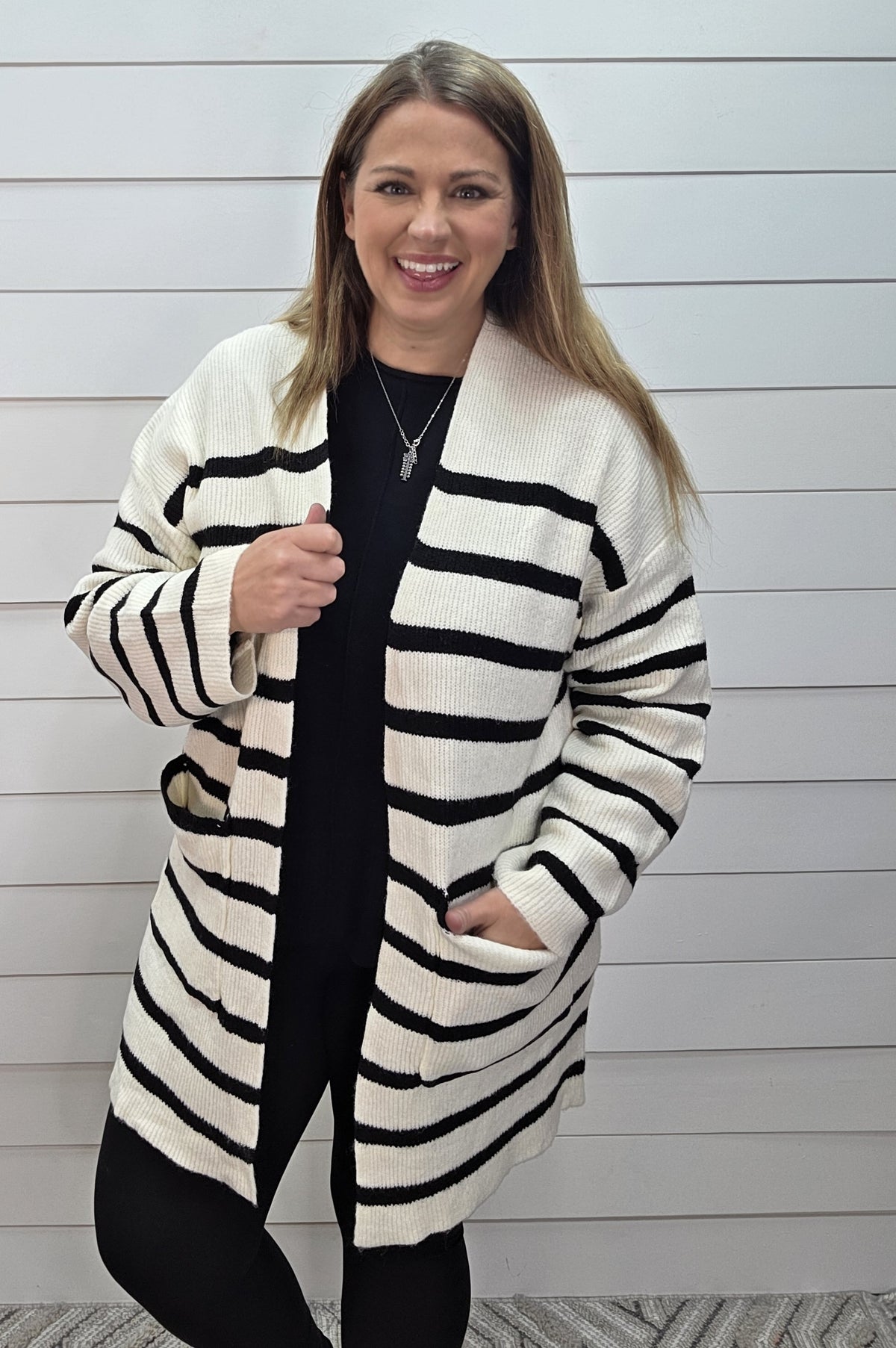CREAM/BLACK STRIPED LONG OVERSIZED CARDIGAN W/ POCKETS