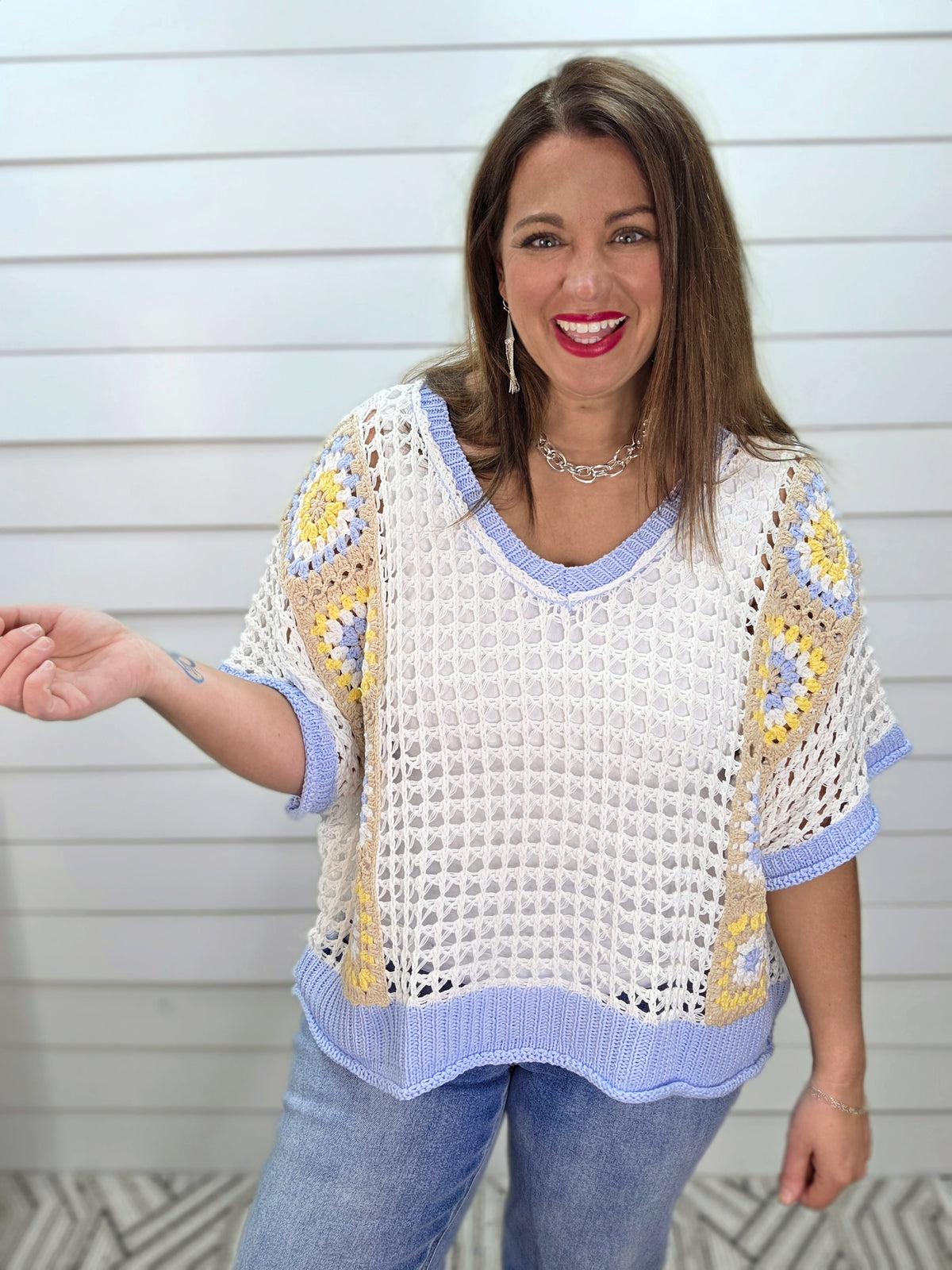 WHITE OPEN KNIT SWEATER WITH SKY BLUE TRIM & PATCHWORK