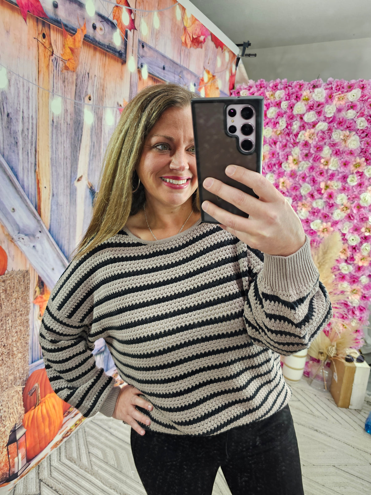 BROWN STRIPED COTTON SWEATER