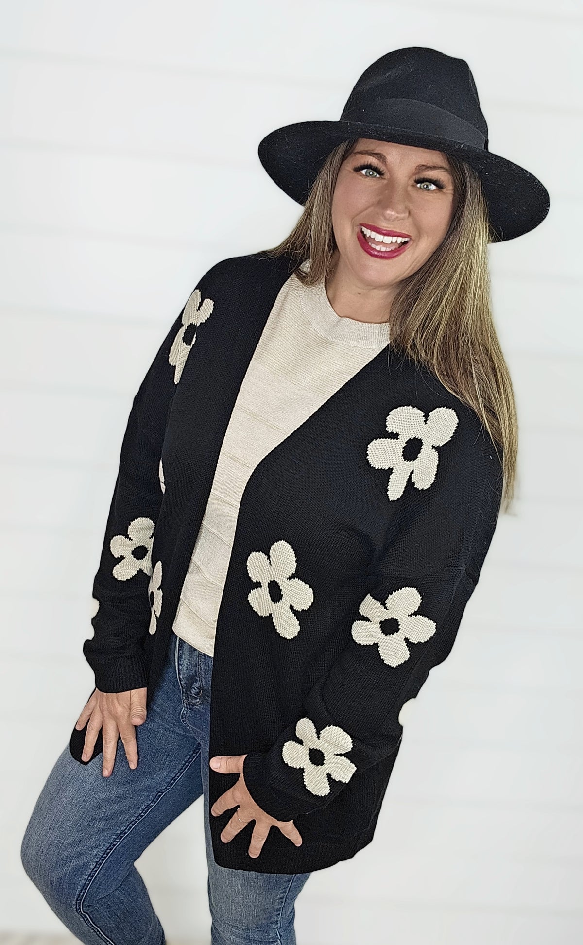 BLACK/MOCHA FLORAL KNITTED CARDIGAN