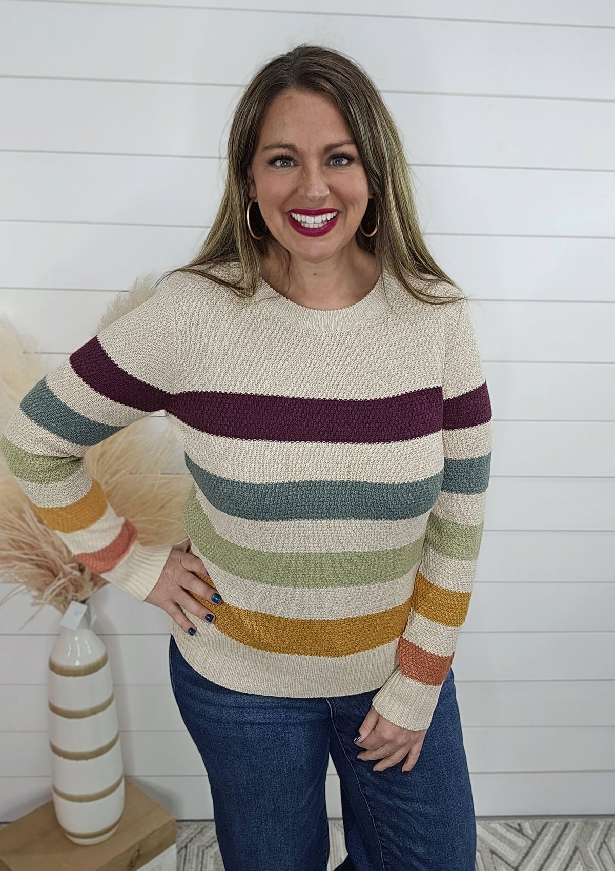 CREAM MULTI STRIPE KNIT SWEATER