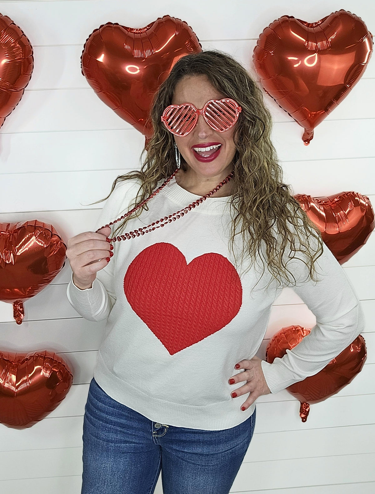 CREAM SWEATER WITH RED LARGE HEART