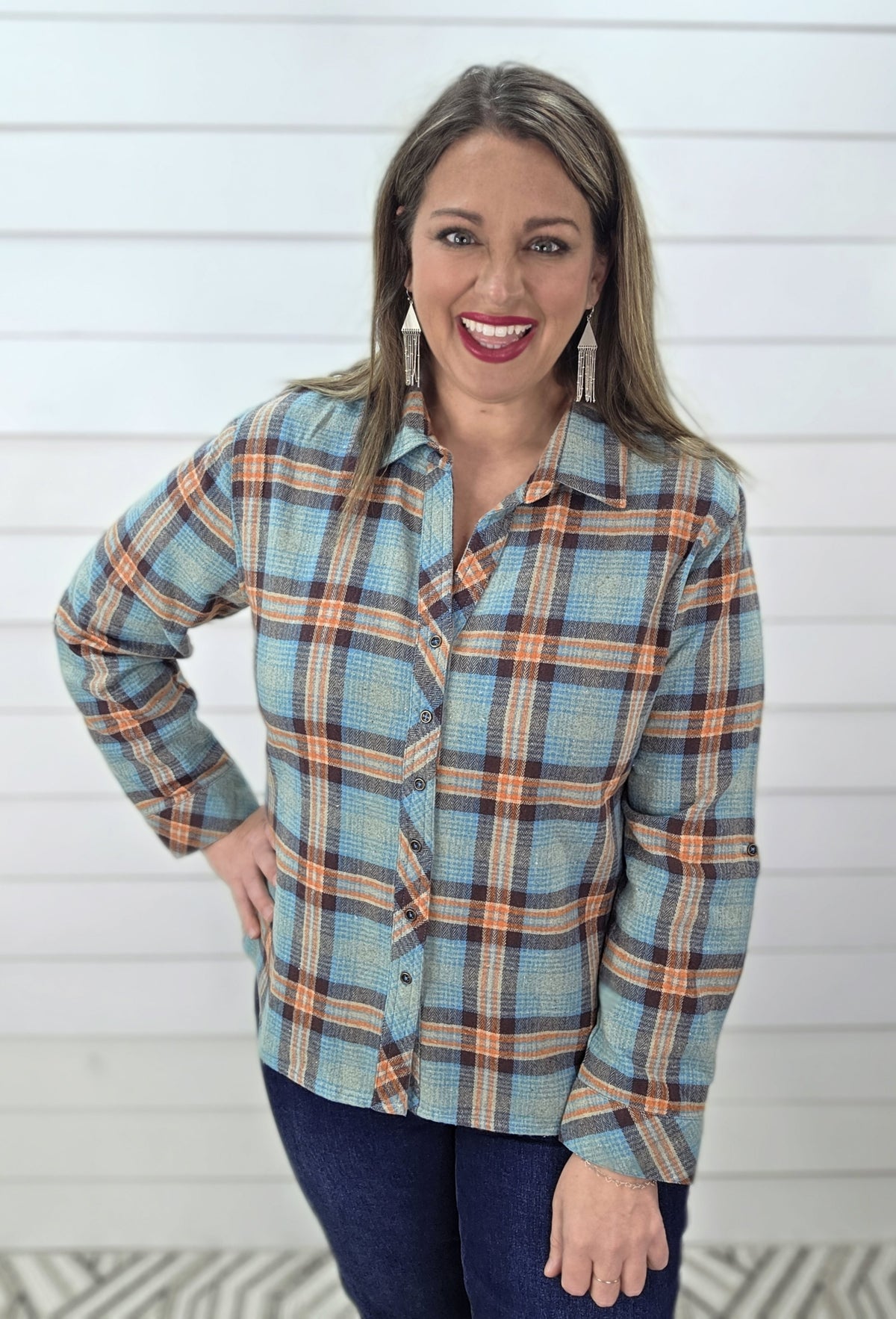 KAREN HART TEAL HIGH LOW FLANNEL PLAID BUTTON DOWN