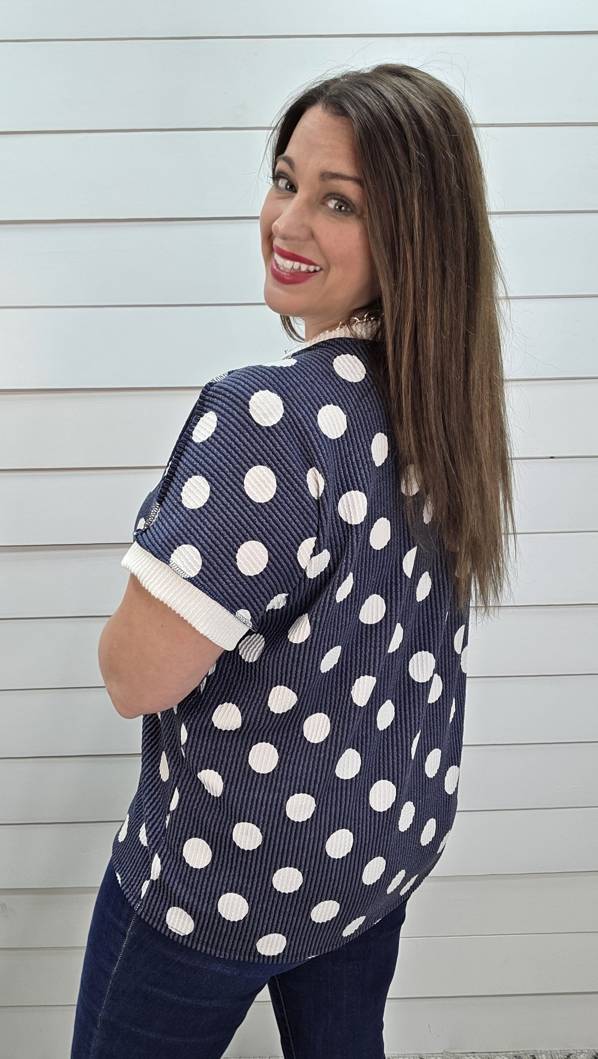 CORNFLOWER POLKA DOT RAISED RIBBED KNIT TOP
