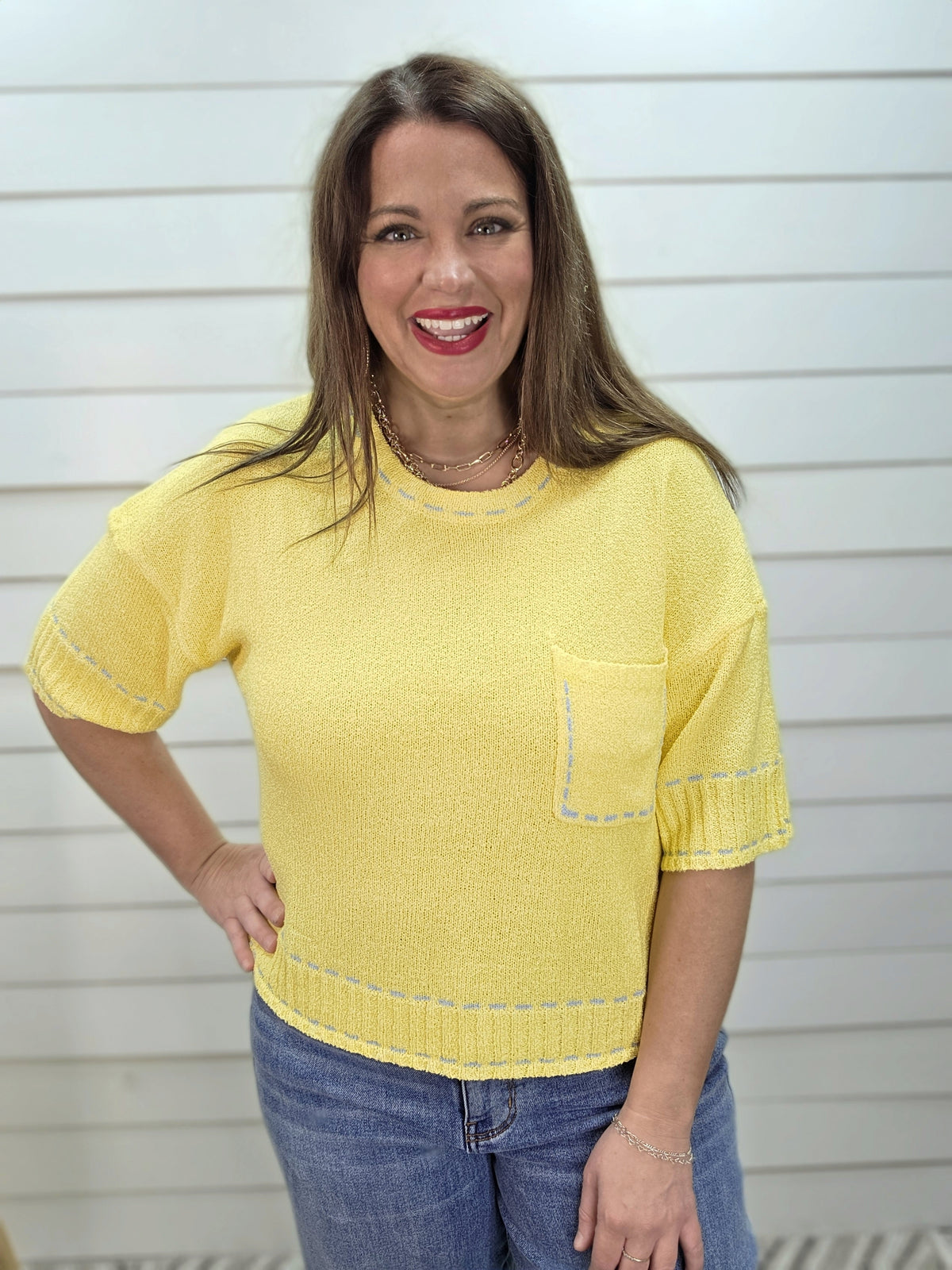 BUTTER YELLOW/ BLUE TRIM SHORT SLEEVE KNIT LIGHT WEIGHT SWEATER
