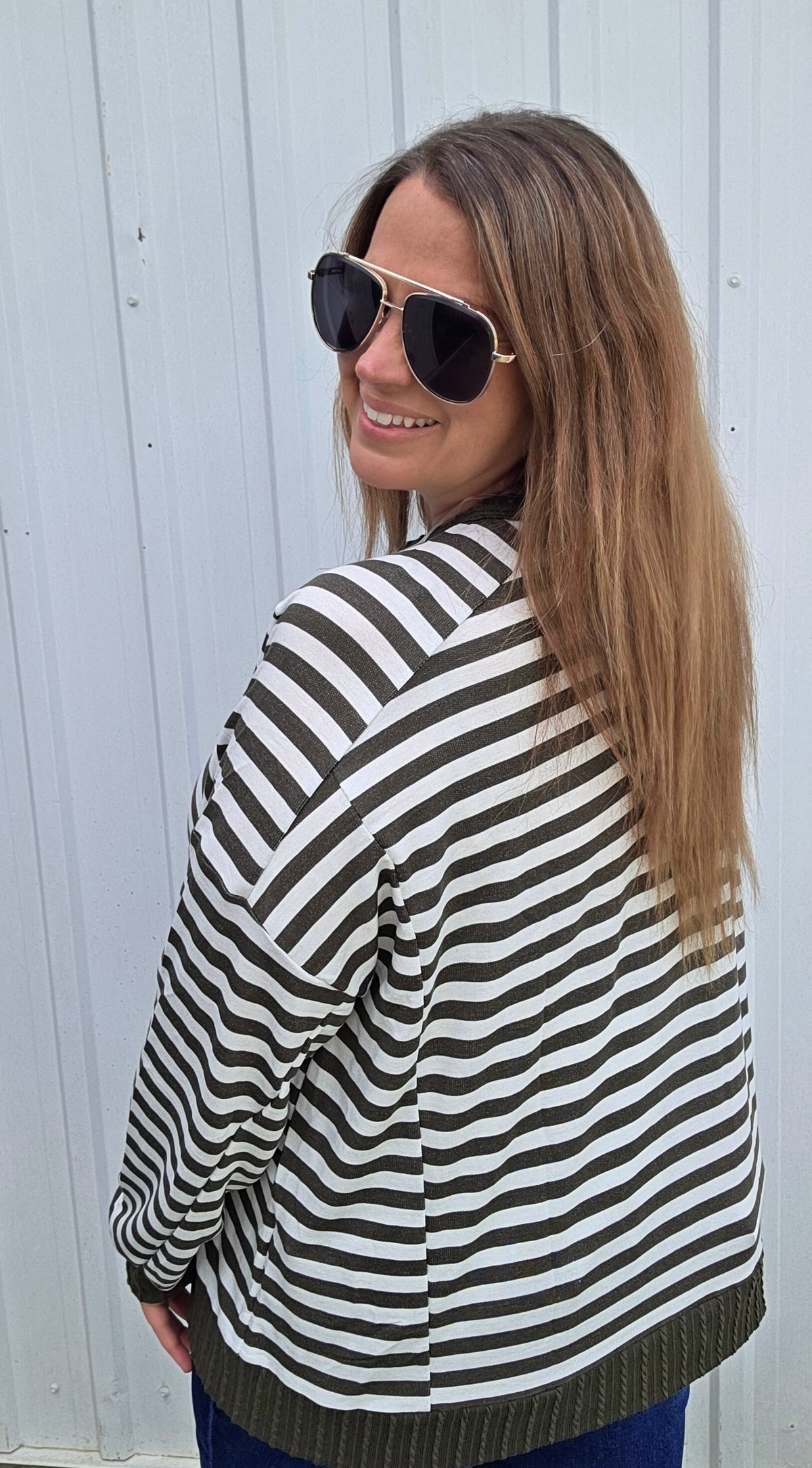 Olive Loose Fit  Long Sleeve Striped Knit Top