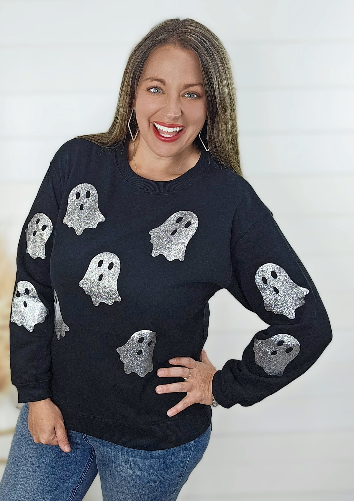 BLACK/SILVER GHOST GLITTER CREW NECK SWEATSHIRT