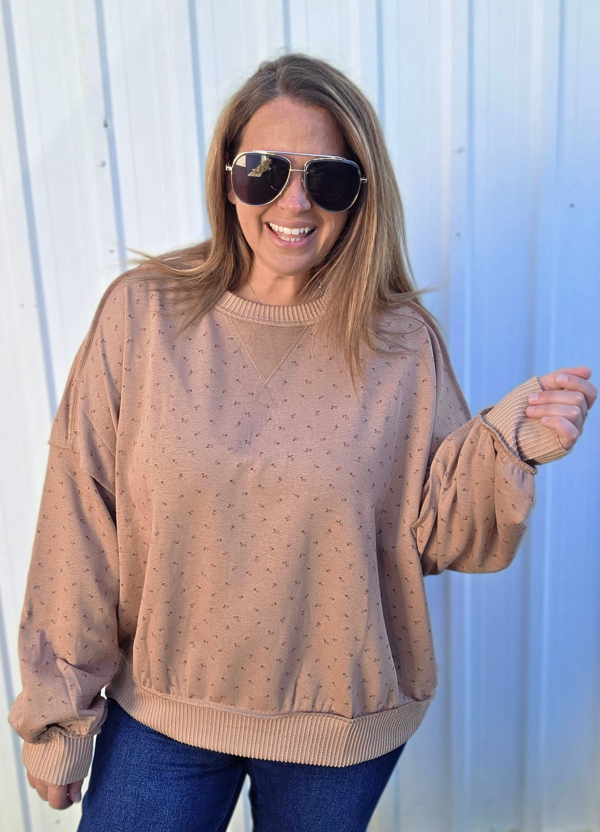 MOCHA DITSY FLORAL OVERSIZED KNIT TOP
