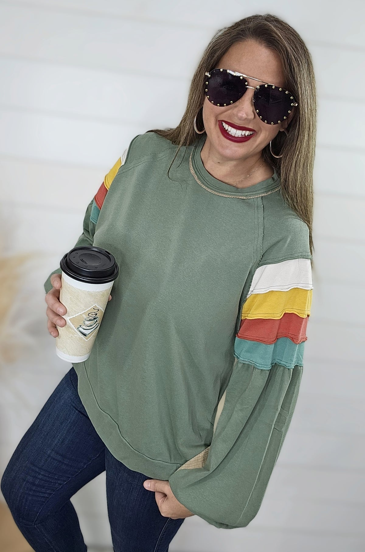 SAGE OVERSIZED FRENCH TERRY TOP W/ COLORBLOCK SLEEVES