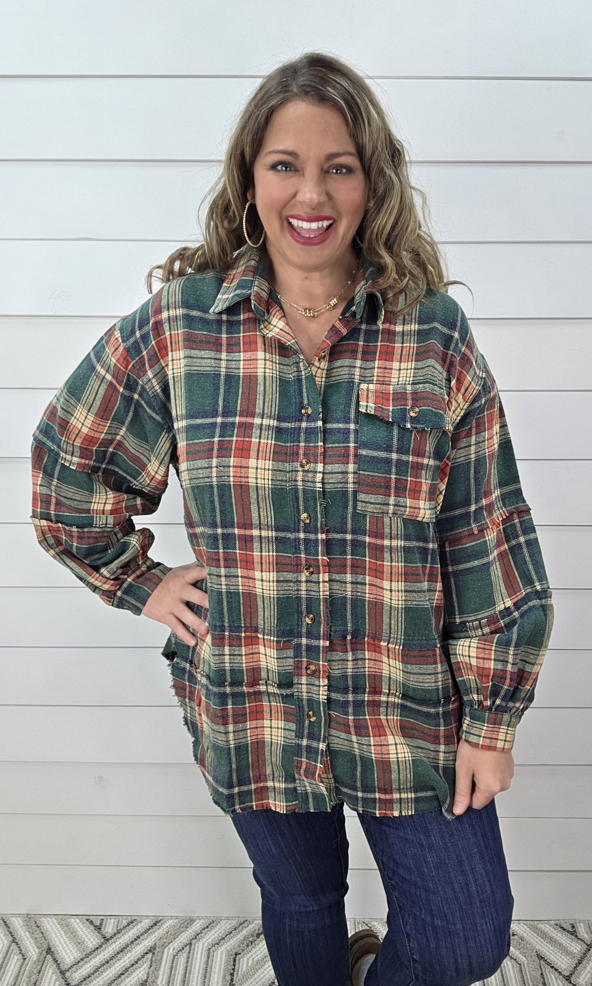 PINE GREEN PLAID OVERSIZED BUTTON DOWN FLANNEL