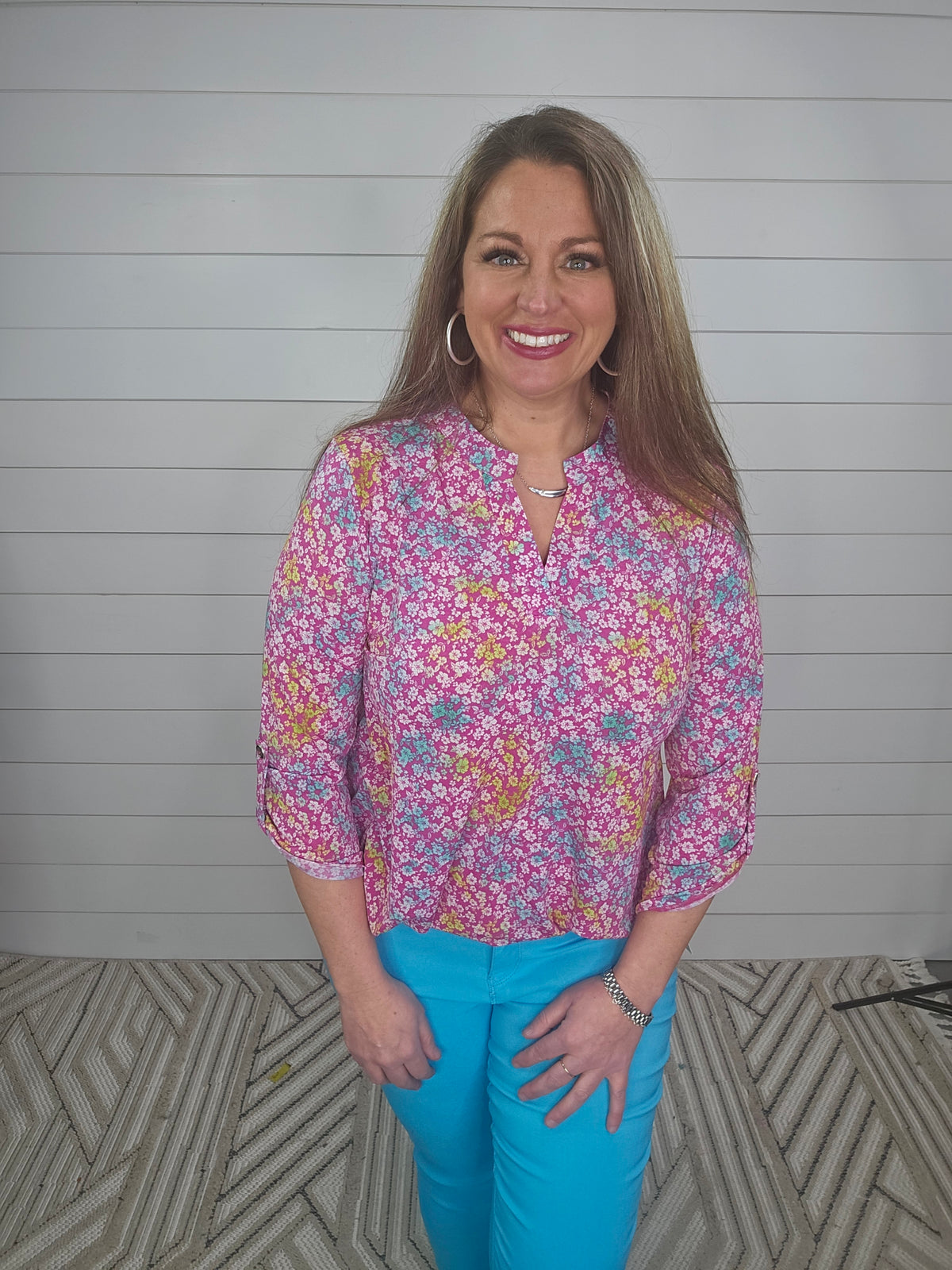 PINK FLORAL POPS OF COLOR LIZZY TOP