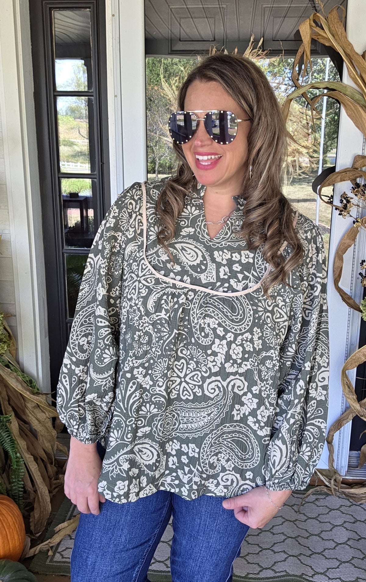 OLIVE/TAUPE TEXTURED PRINTED BLOUSE