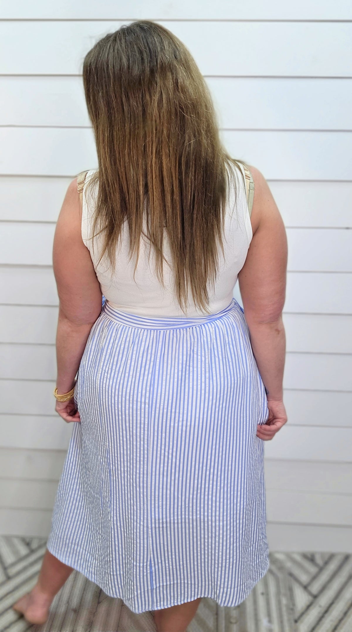 WHITE/SKY BLUE KNIT COMBO STRIPE DRESS