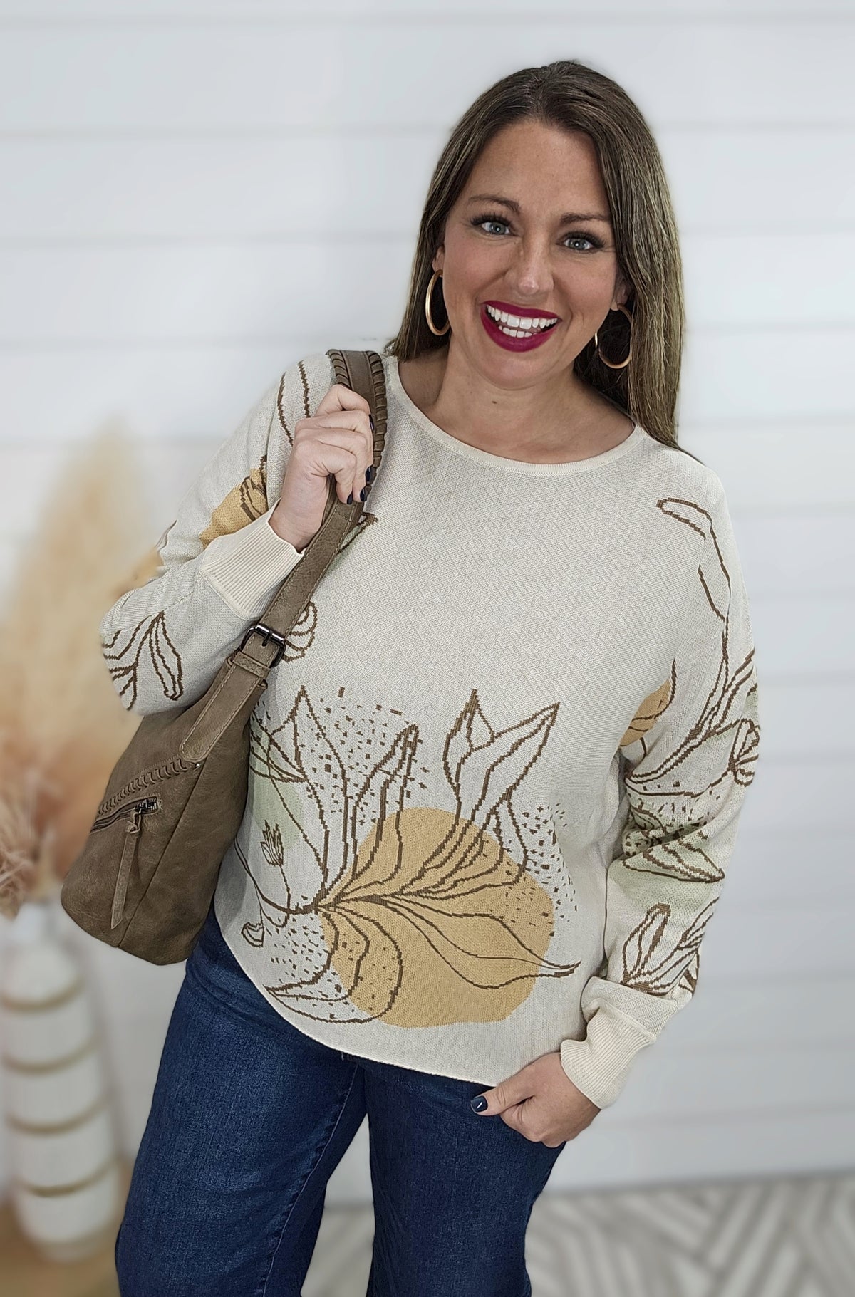 TAUPE/MUSTARD FLORAL PRINT DOLMAN SLEEVE SWEATER