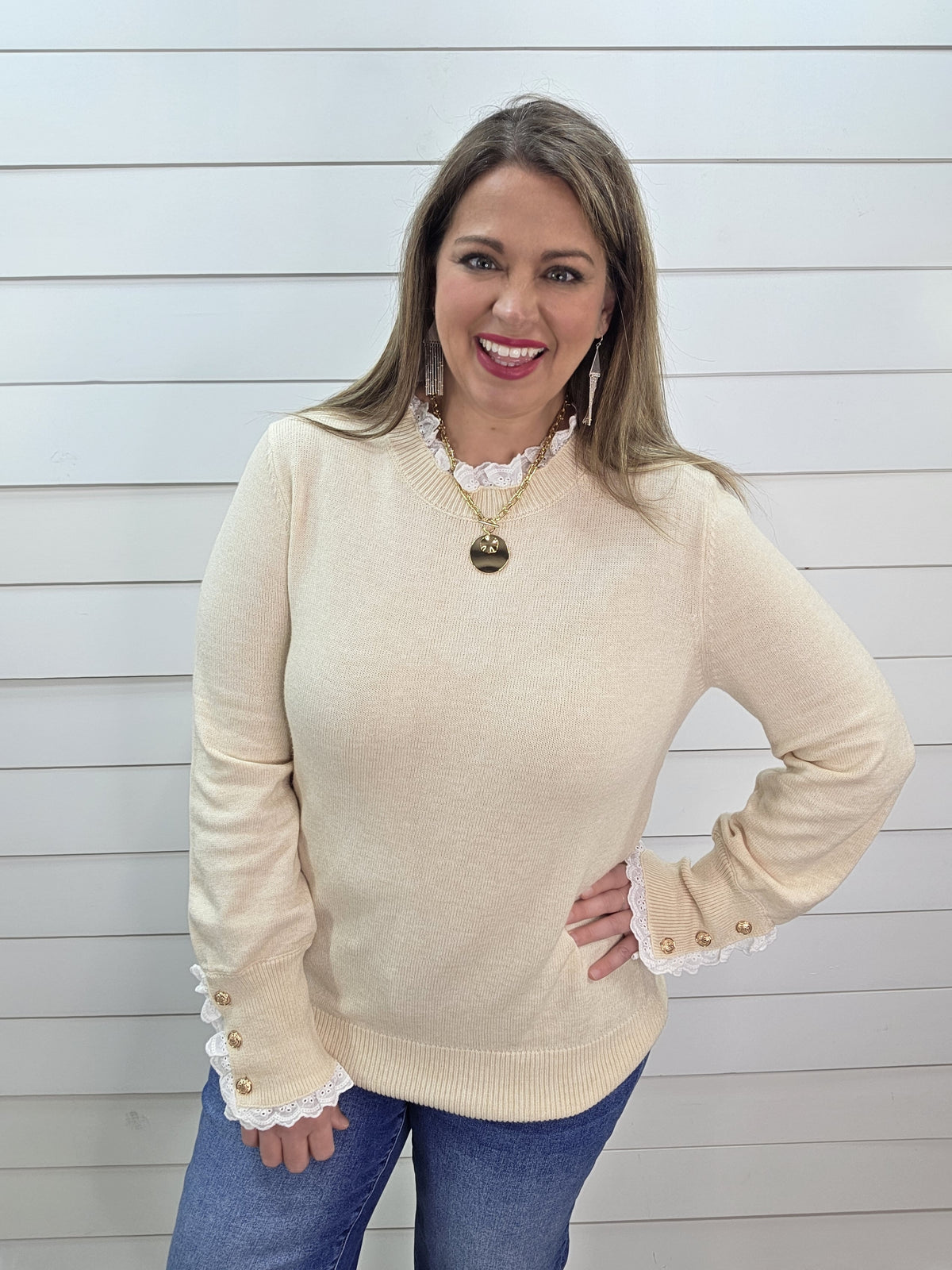 CREAM LACE TRIM SOFT PULLOVER SWEATER