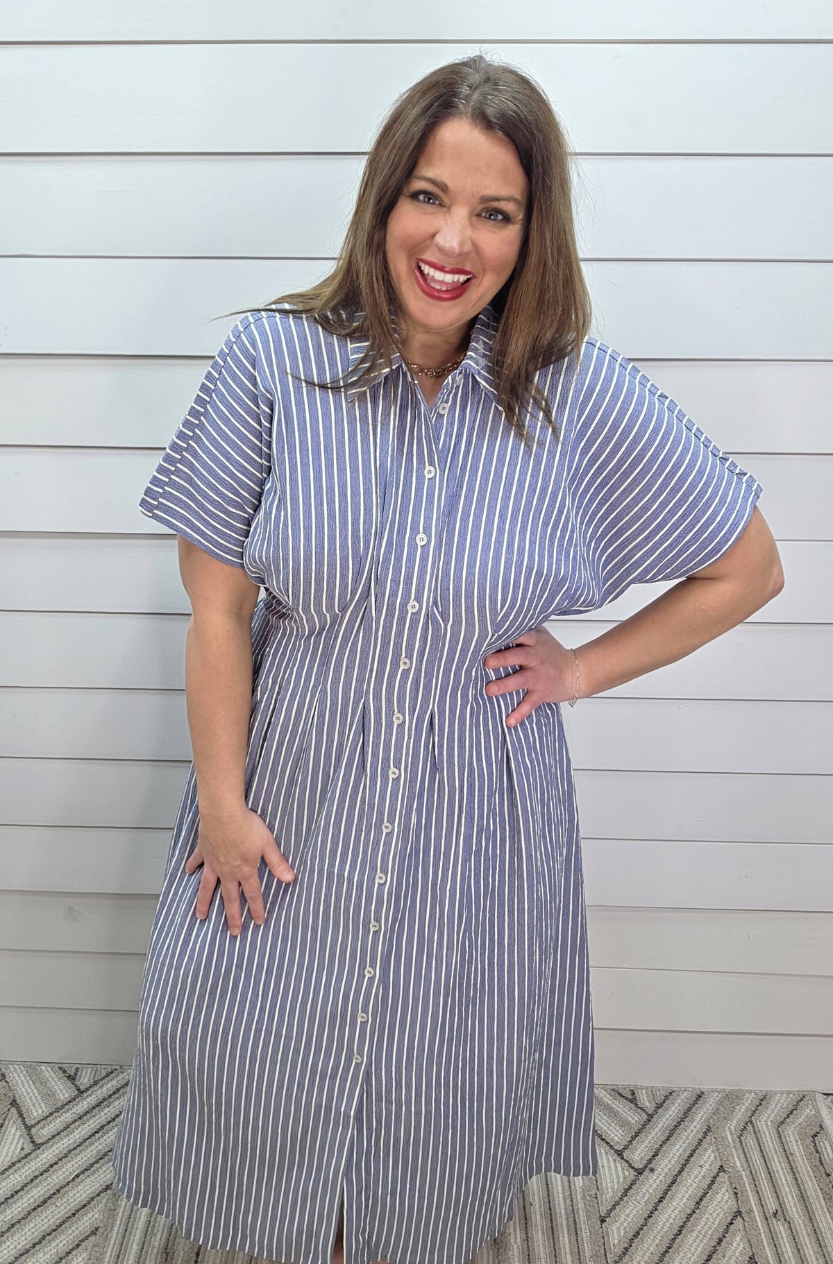 DUSTY BLUE STRIPED BUTTON DOWN PLEATED SHIRTDRESS W/ POCKETS