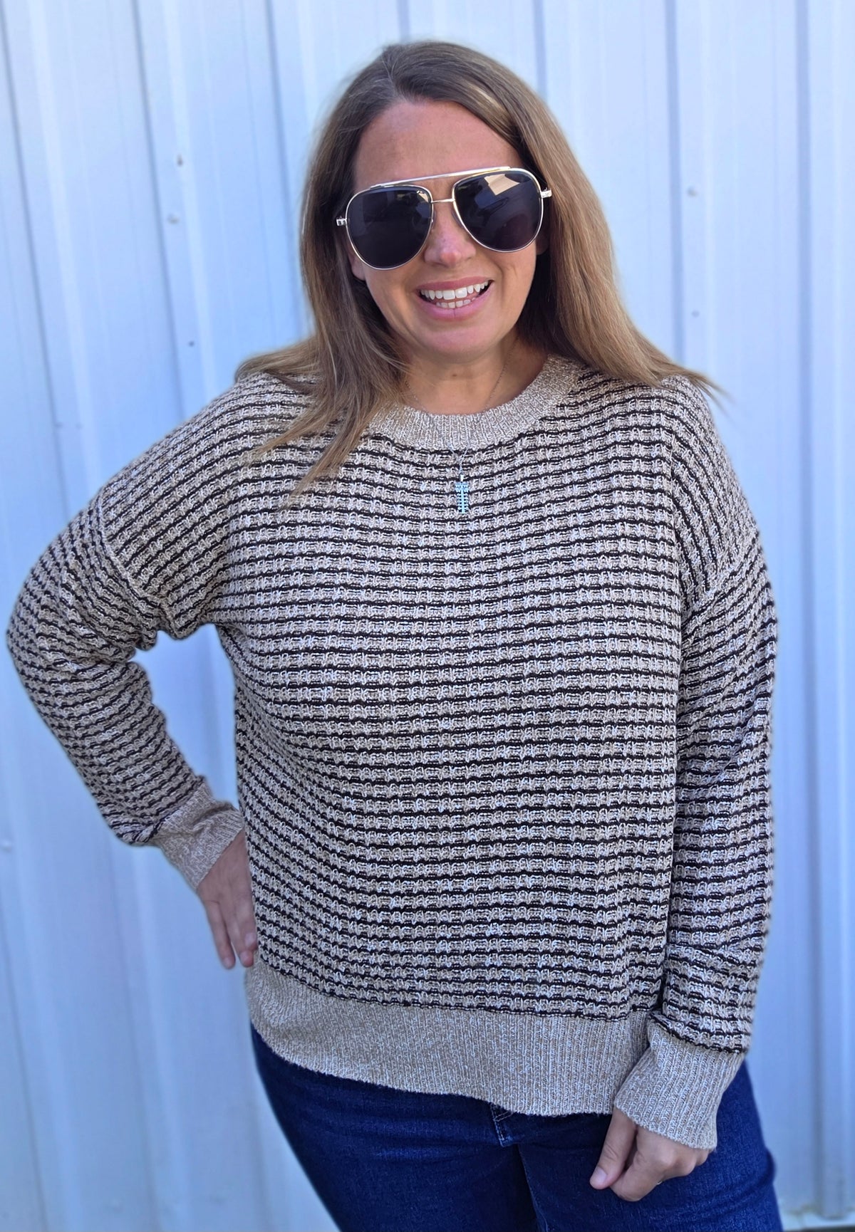 Taupe/Brown Texture Striped Crew Neck Long Sleeve Pullover Sweater
