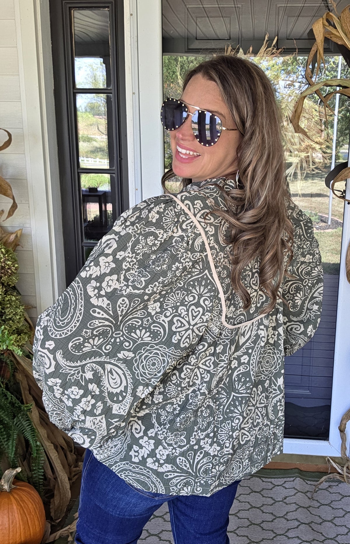 OLIVE/TAUPE TEXTURED PRINTED BLOUSE