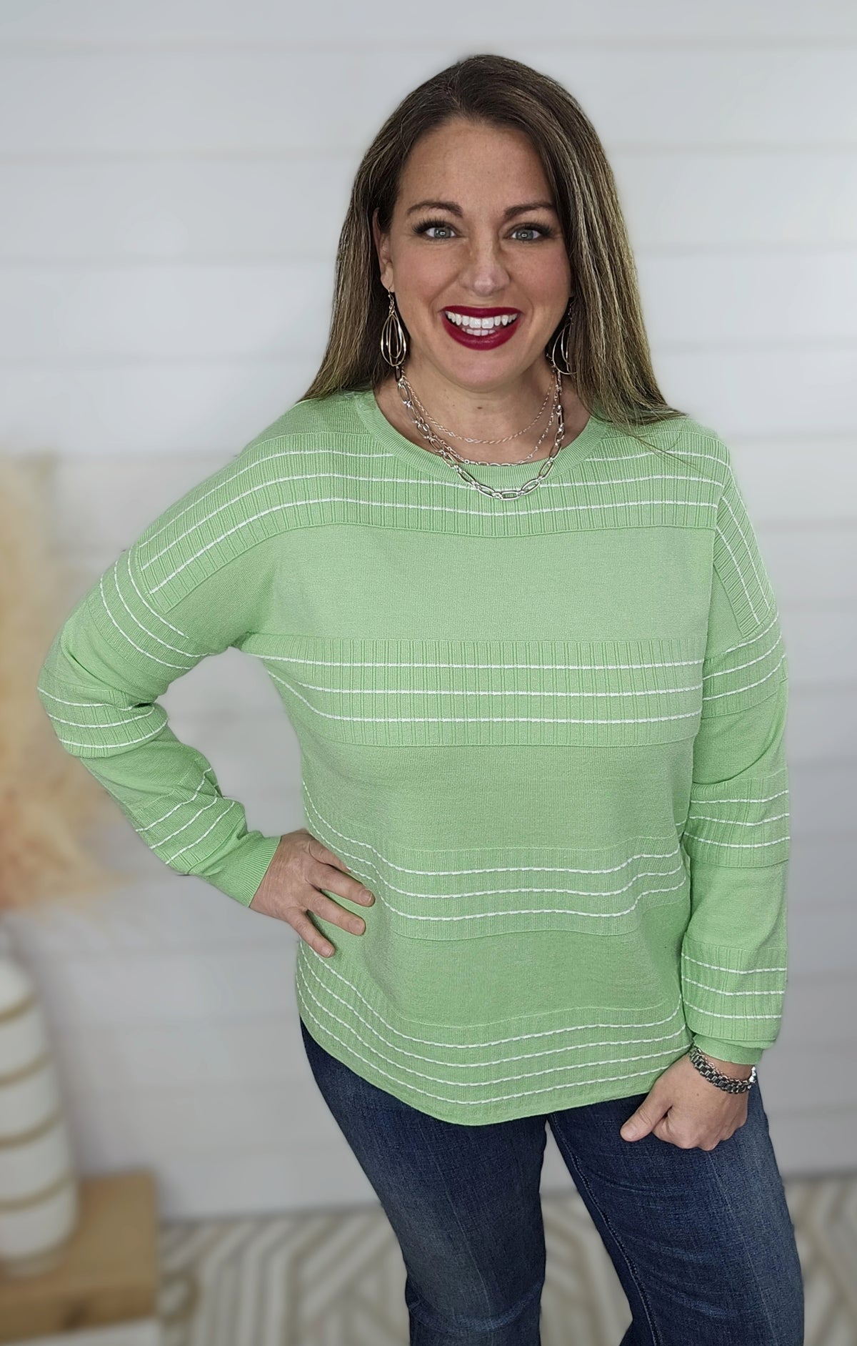 LIME STITCH STRIPED CREW NECK SWEATER