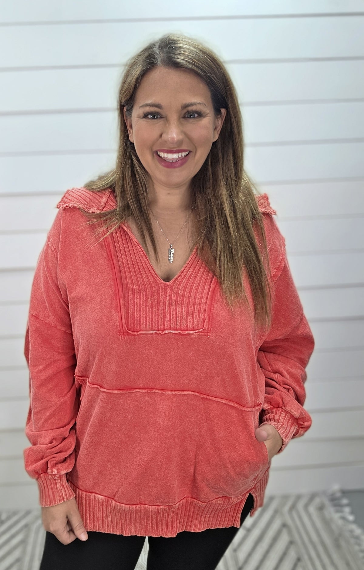 RED Mineral wash Wide Collar Vneck Kangaroo Pocket Sweatshirt