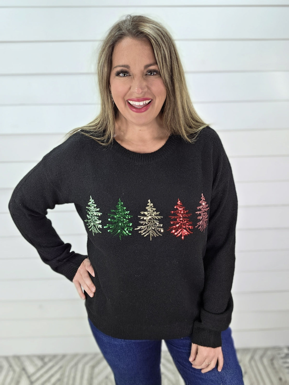 BLACK SEQUIN TREE KNIT SWEATER